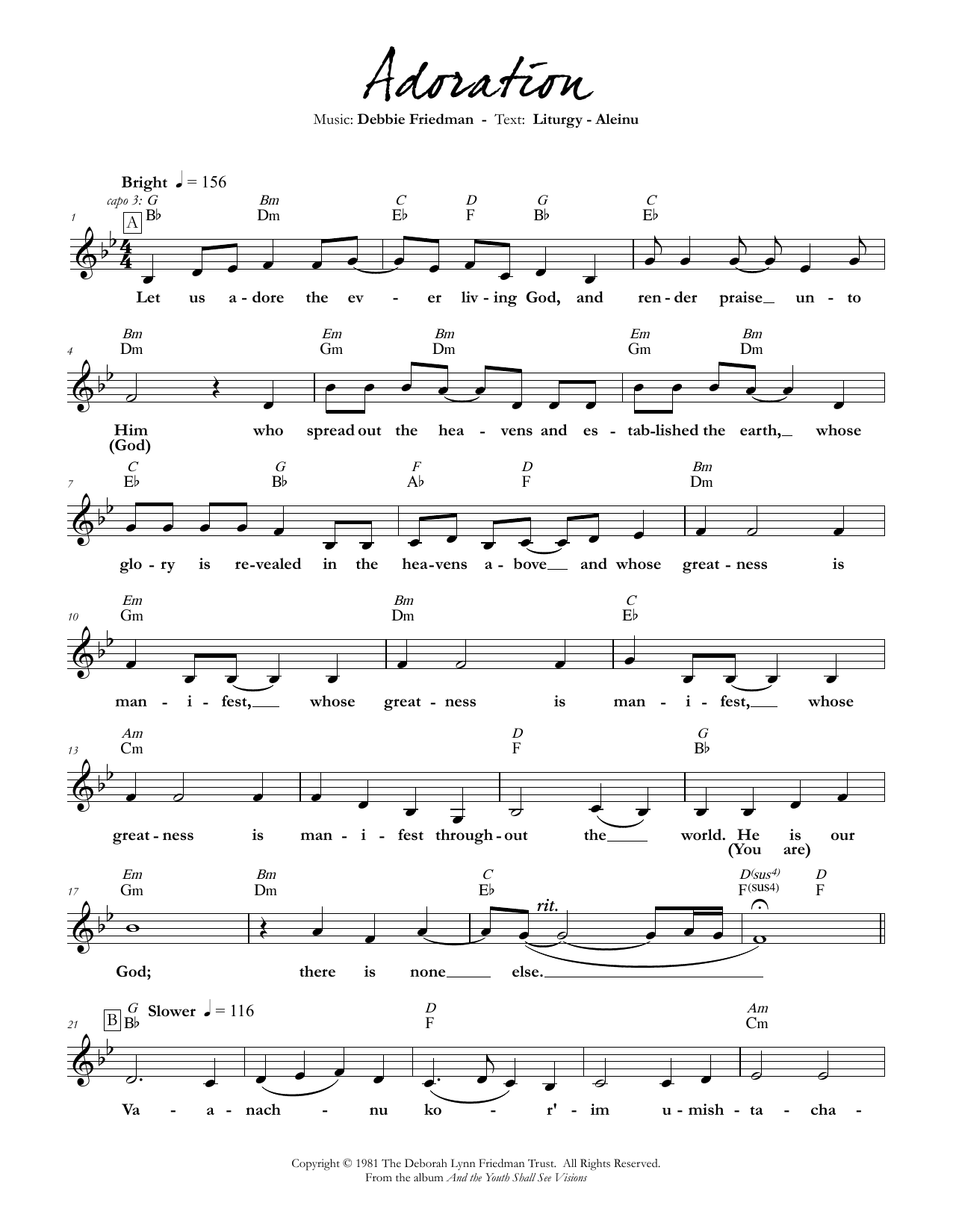 Download Debbie Friedman Adoration Sheet Music and learn how to play Lead Sheet / Fake Book PDF digital score in minutes