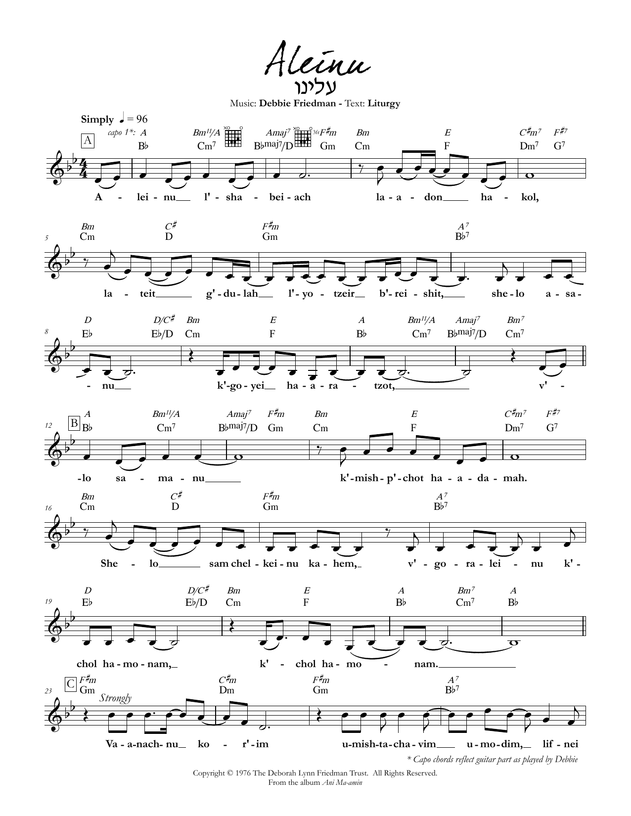 Download Debbie Friedman Aleinu Sheet Music and learn how to play Lead Sheet / Fake Book PDF digital score in minutes