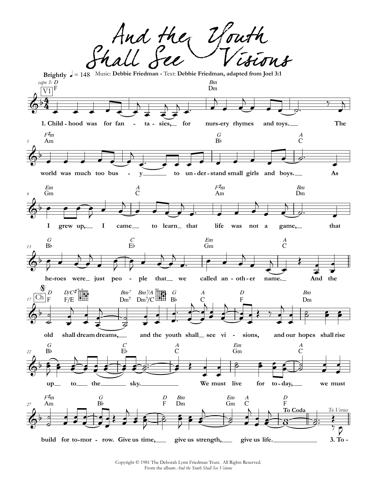 Download Debbie Friedman And the Youth Shall See Visions Sheet Music and learn how to play Lead Sheet / Fake Book PDF digital score in minutes