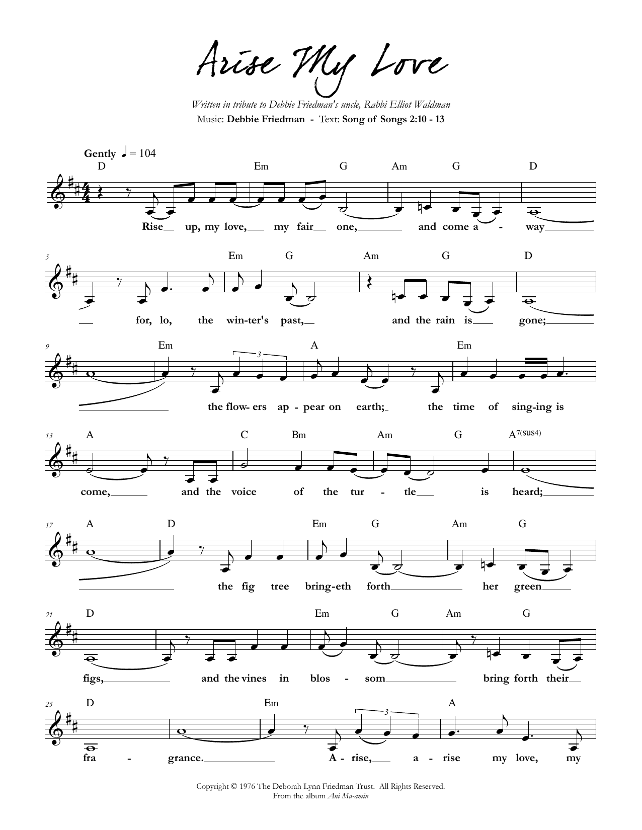 Download Debbie Friedman Arise My Love Sheet Music and learn how to play Lead Sheet / Fake Book PDF digital score in minutes