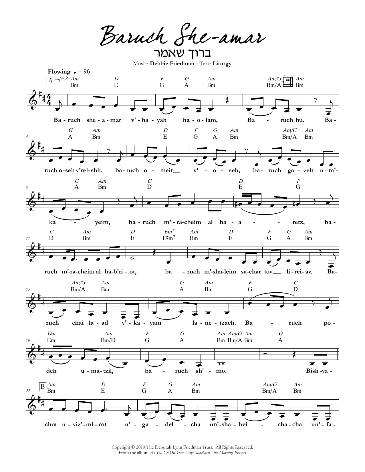 Download Debbie Friedman Baruch She-amar Sheet Music and learn how to play Lead Sheet / Fake Book PDF digital score in minutes