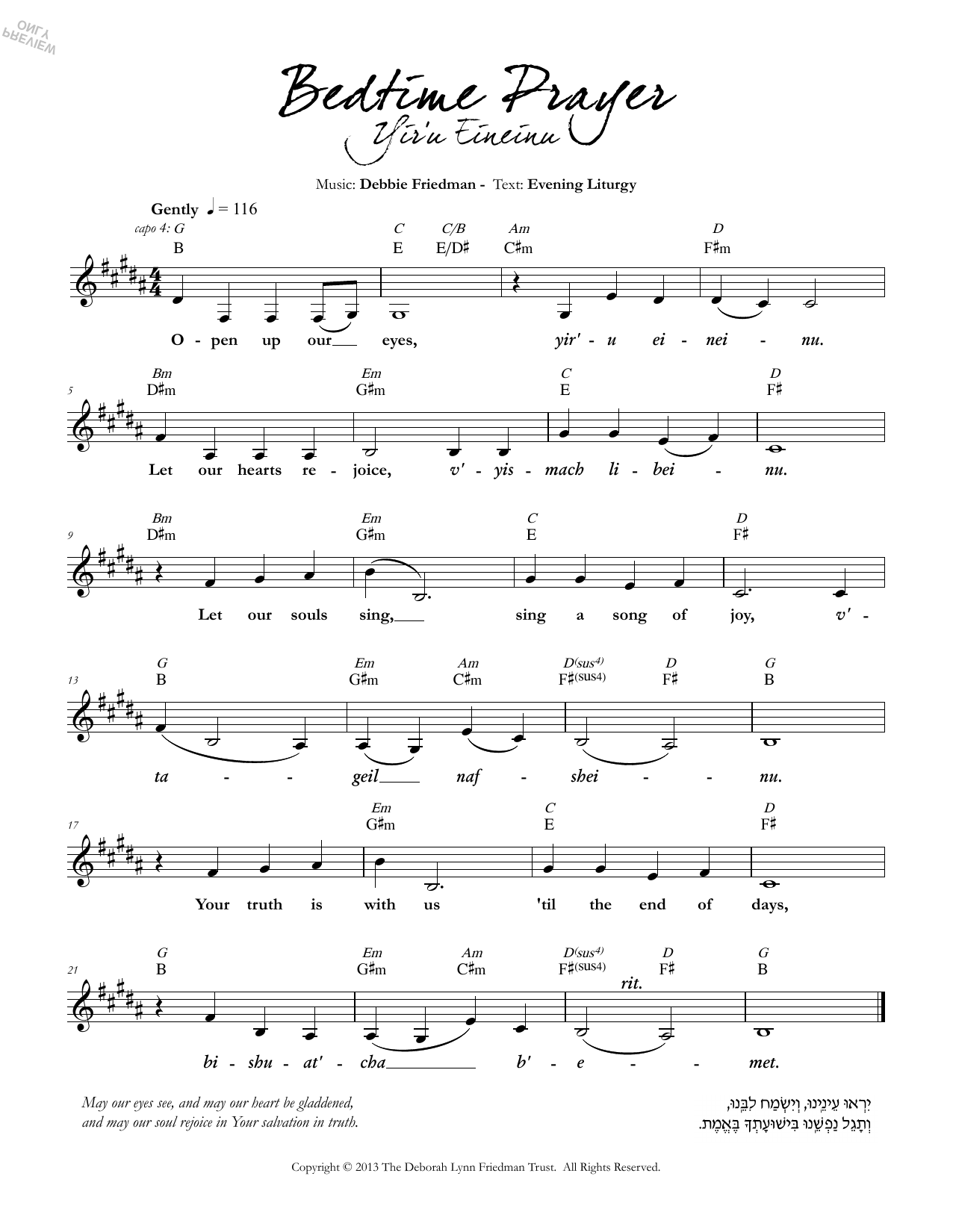 Download Debbie Friedman Bedtime Prayer (Yir'u Eineinu) Sheet Music and learn how to play Lead Sheet / Fake Book PDF digital score in minutes
