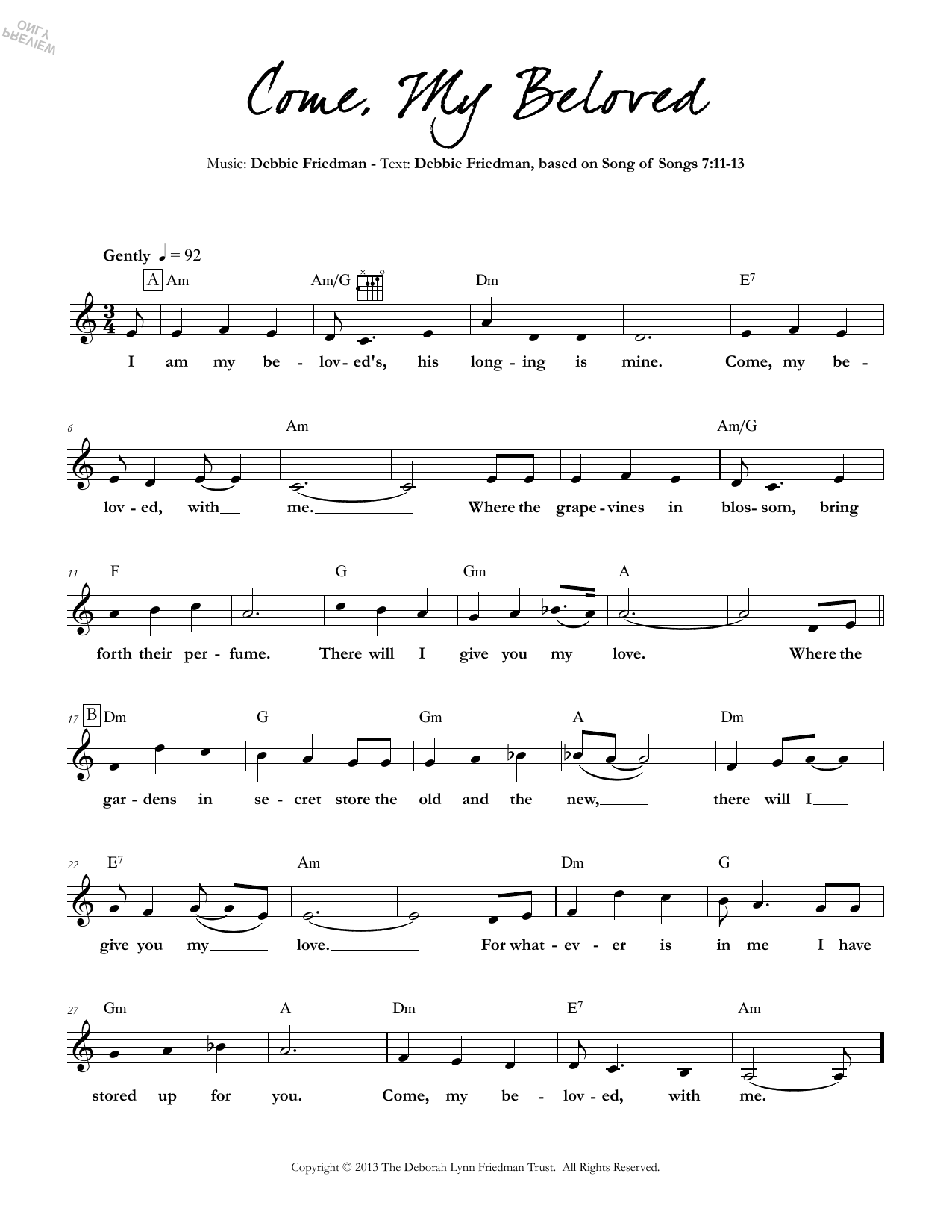 Download Debbie Friedman Come, My Beloved Sheet Music and learn how to play Lead Sheet / Fake Book PDF digital score in minutes
