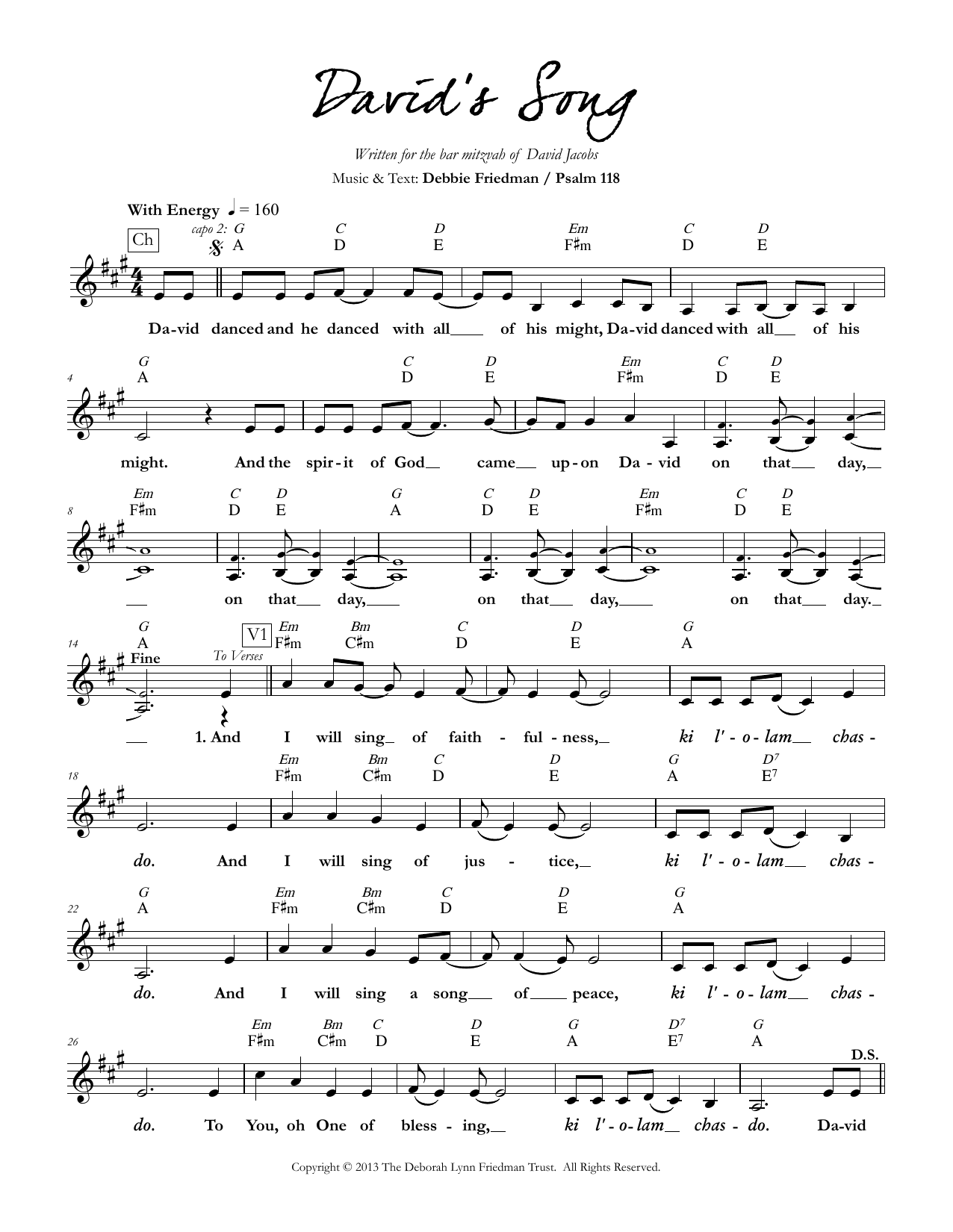 Download Debbie Friedman David's Song Sheet Music and learn how to play Lead Sheet / Fake Book PDF digital score in minutes