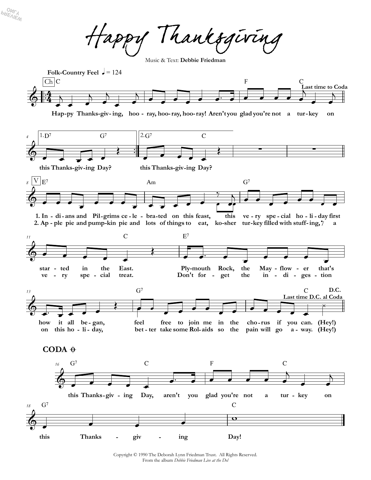 Download Debbie Friedman Happy Thanksgiving Sheet Music and learn how to play Lead Sheet / Fake Book PDF digital score in minutes