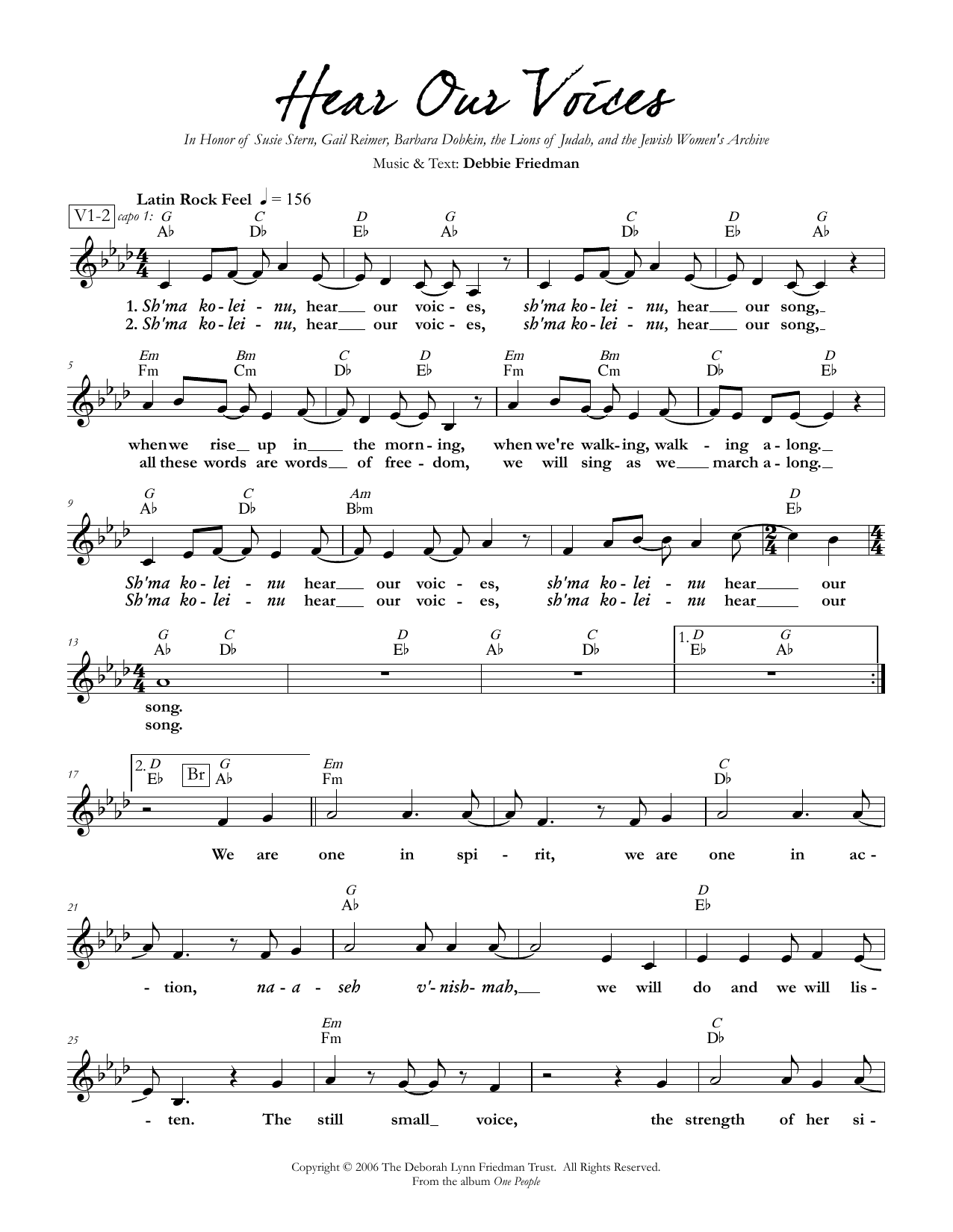 Download Debbie Friedman Hear Our Voices Sheet Music and learn how to play Lead Sheet / Fake Book PDF digital score in minutes