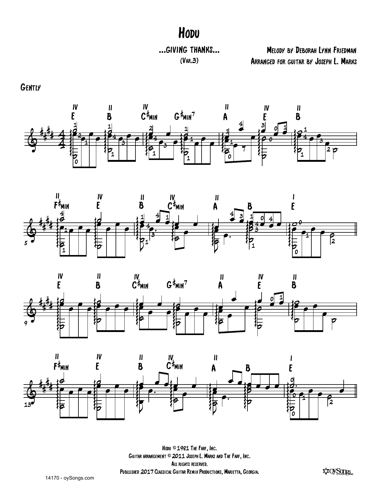 Download Debbie Friedman Hodu Var 3 (arr. Joe Marks) Sheet Music and learn how to play Solo Guitar PDF digital score in minutes