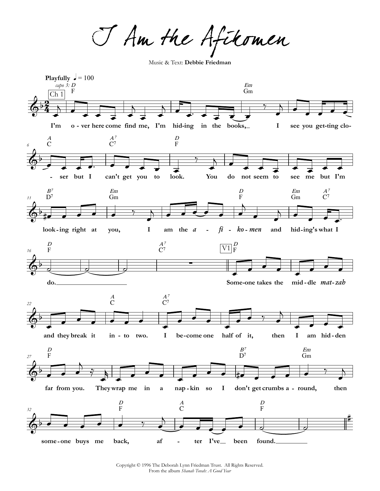 Download Debbie Friedman I Am the Afikomen Sheet Music and learn how to play Lead Sheet / Fake Book PDF digital score in minutes