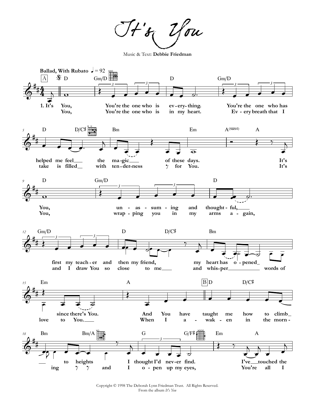 Download Debbie Friedman It's You Sheet Music and learn how to play Lead Sheet / Fake Book PDF digital score in minutes