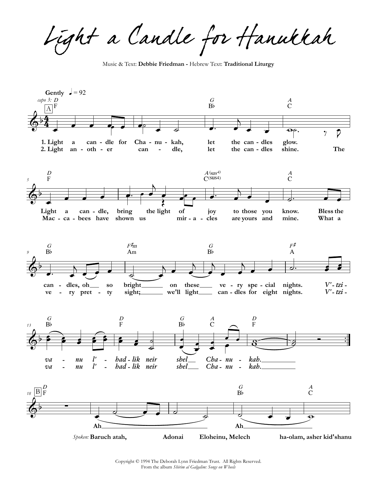 Download Debbie Friedman Light a Candle for Hanukkah Sheet Music and learn how to play Lead Sheet / Fake Book PDF digital score in minutes