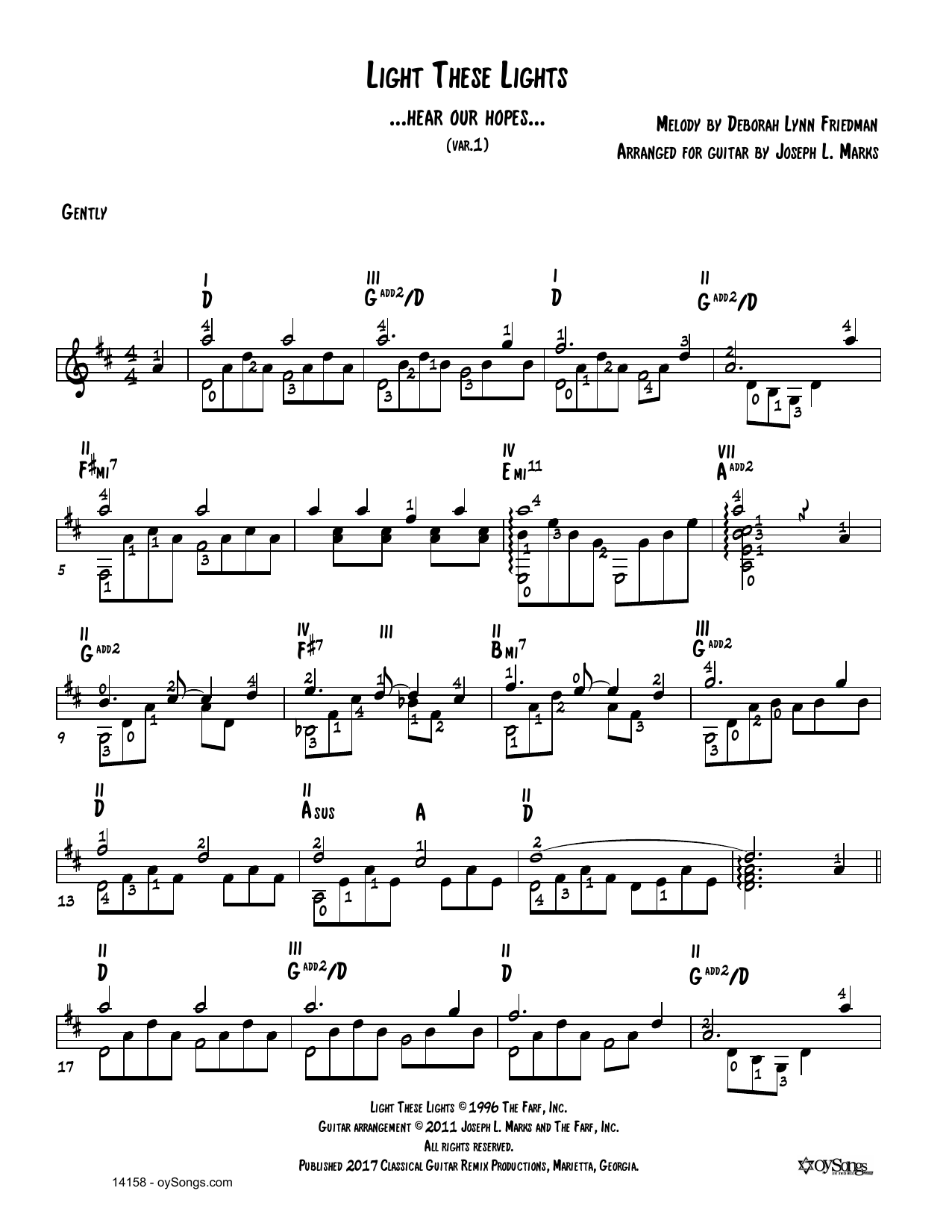 Download Debbie Friedman Light These Lights Var 1 (arr. Joe Marks) Sheet Music and learn how to play Solo Guitar PDF digital score in minutes