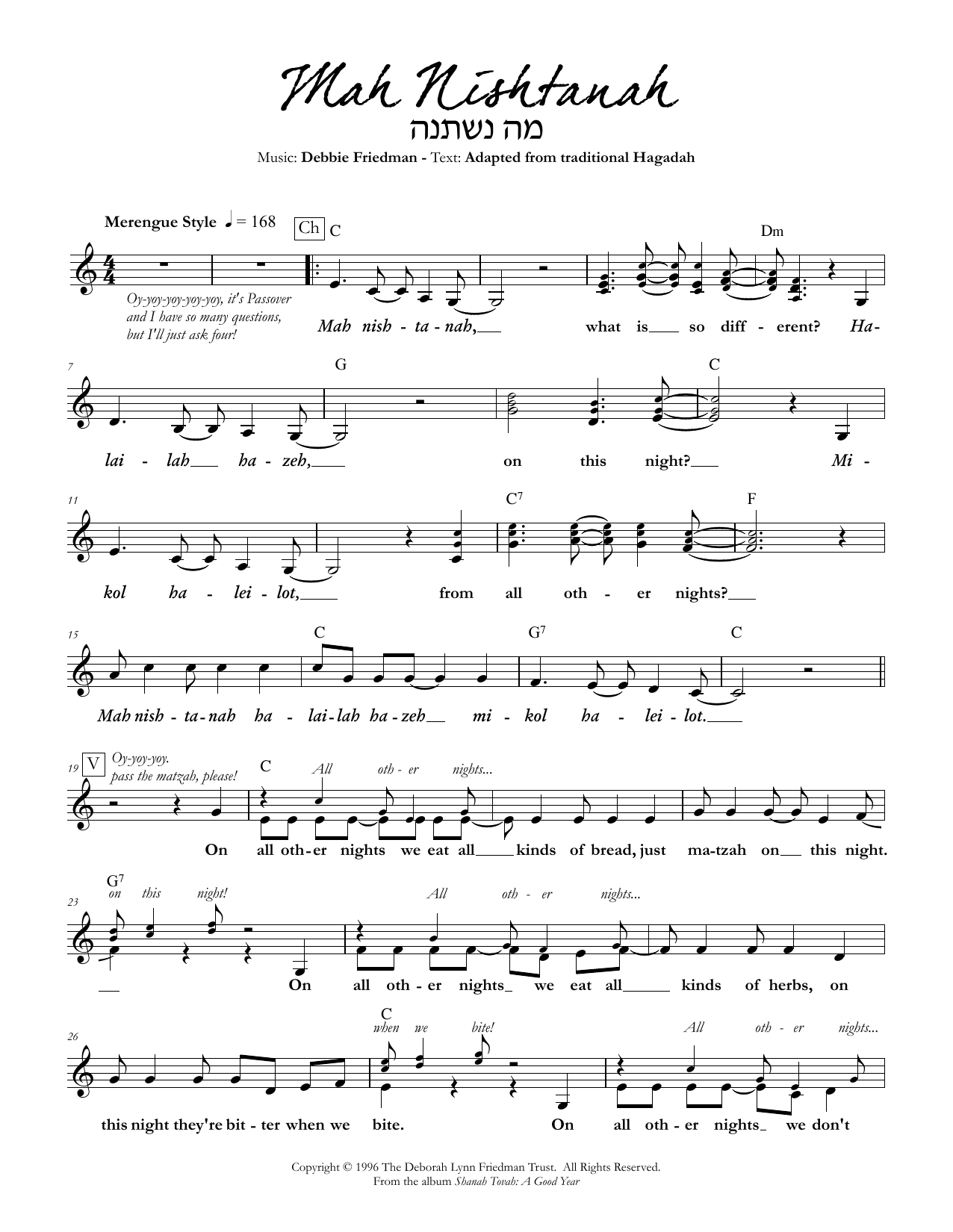 Download Debbie Friedman Mah Nishtanah Sheet Music and learn how to play Lead Sheet / Fake Book PDF digital score in minutes