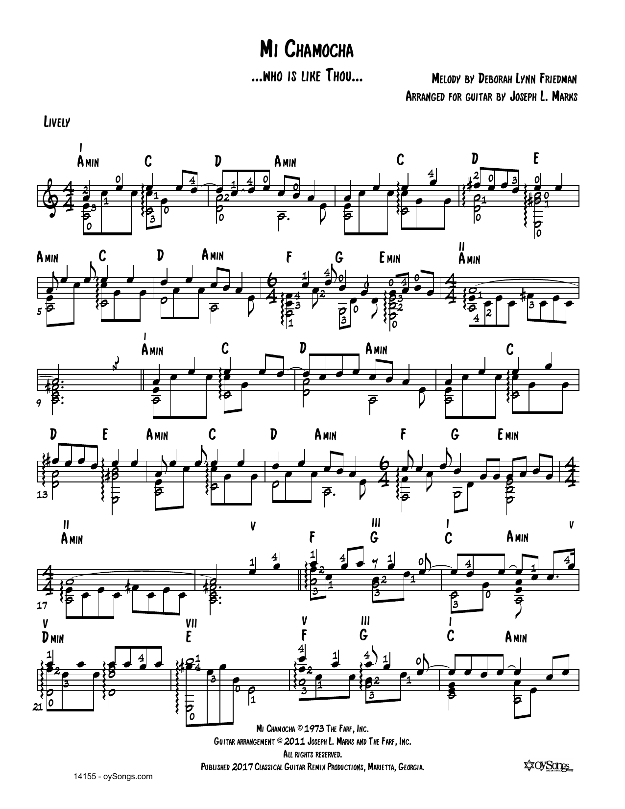 Download Debbie Friedman Mi Chamocha (arr. Joe Marks) Sheet Music and learn how to play Solo Guitar PDF digital score in minutes