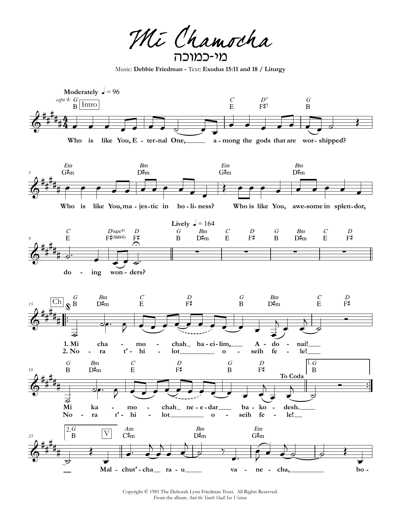 Download Debbie Friedman Mi Chamocha Sheet Music and learn how to play Lead Sheet / Fake Book PDF digital score in minutes