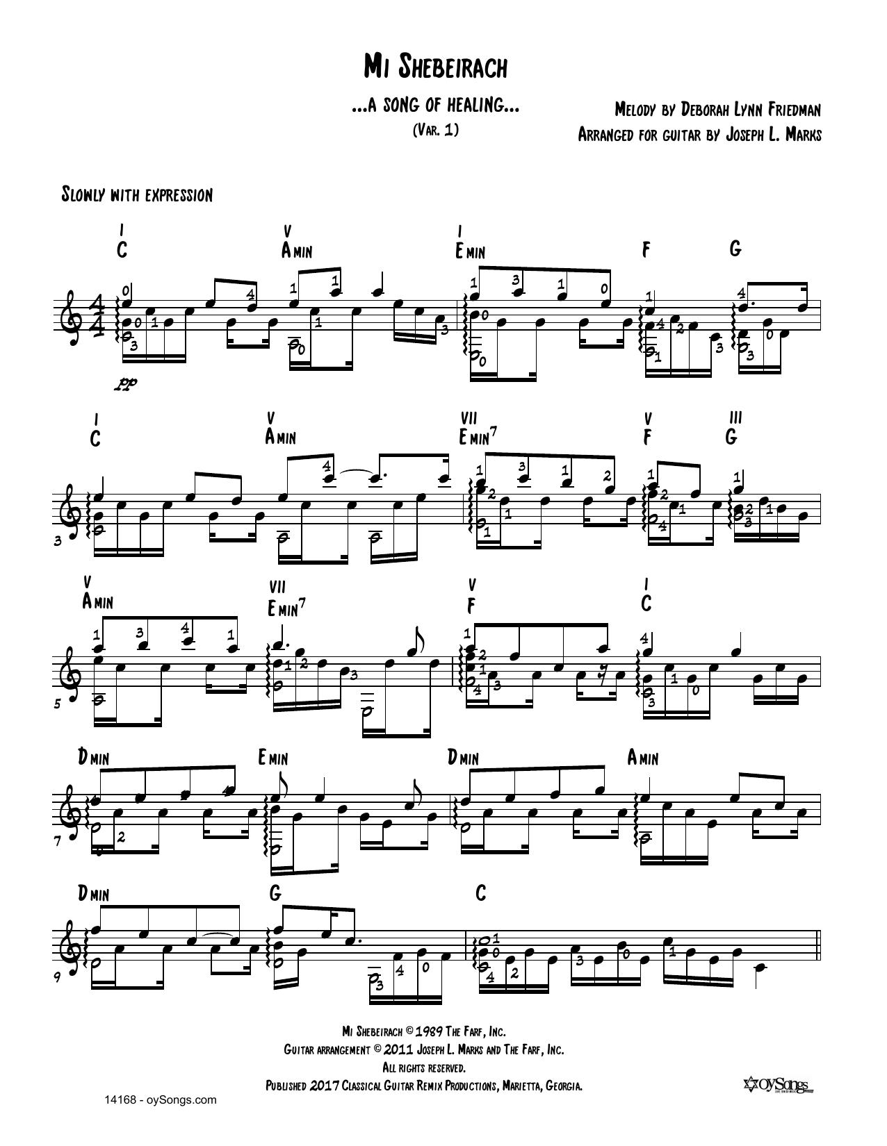 Download Debbie Friedman Mi Shebeirach Var 1 (arr. Joe Marks) Sheet Music and learn how to play Solo Guitar PDF digital score in minutes