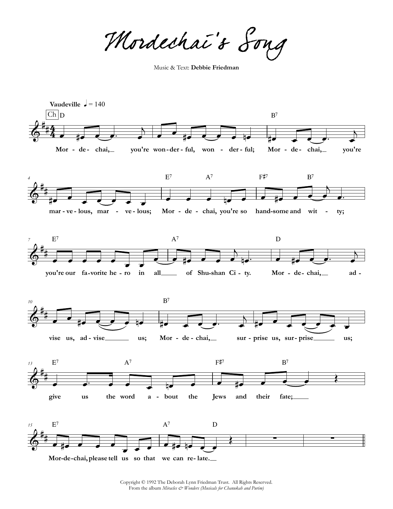 Download Debbie Friedman Mordechai's Song Sheet Music and learn how to play Lead Sheet / Fake Book PDF digital score in minutes