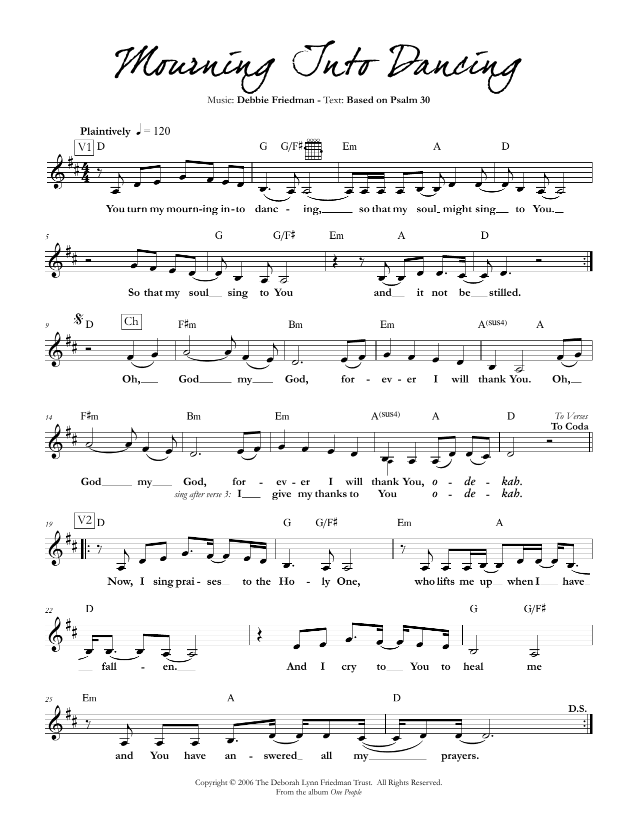 Download Debbie Friedman Mourning Into Dancing Sheet Music and learn how to play Lead Sheet / Fake Book PDF digital score in minutes