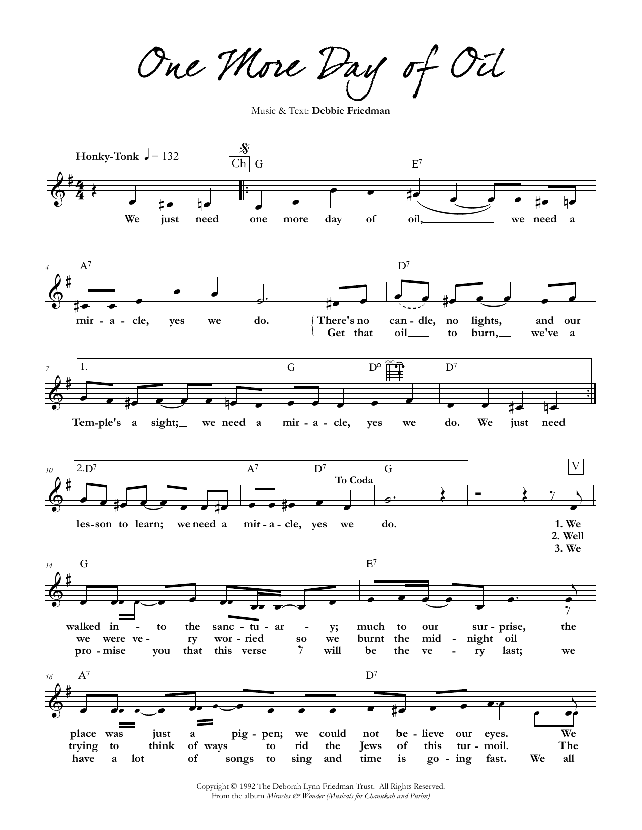 Download Debbie Friedman One More Day of Oil Sheet Music and learn how to play Lead Sheet / Fake Book PDF digital score in minutes