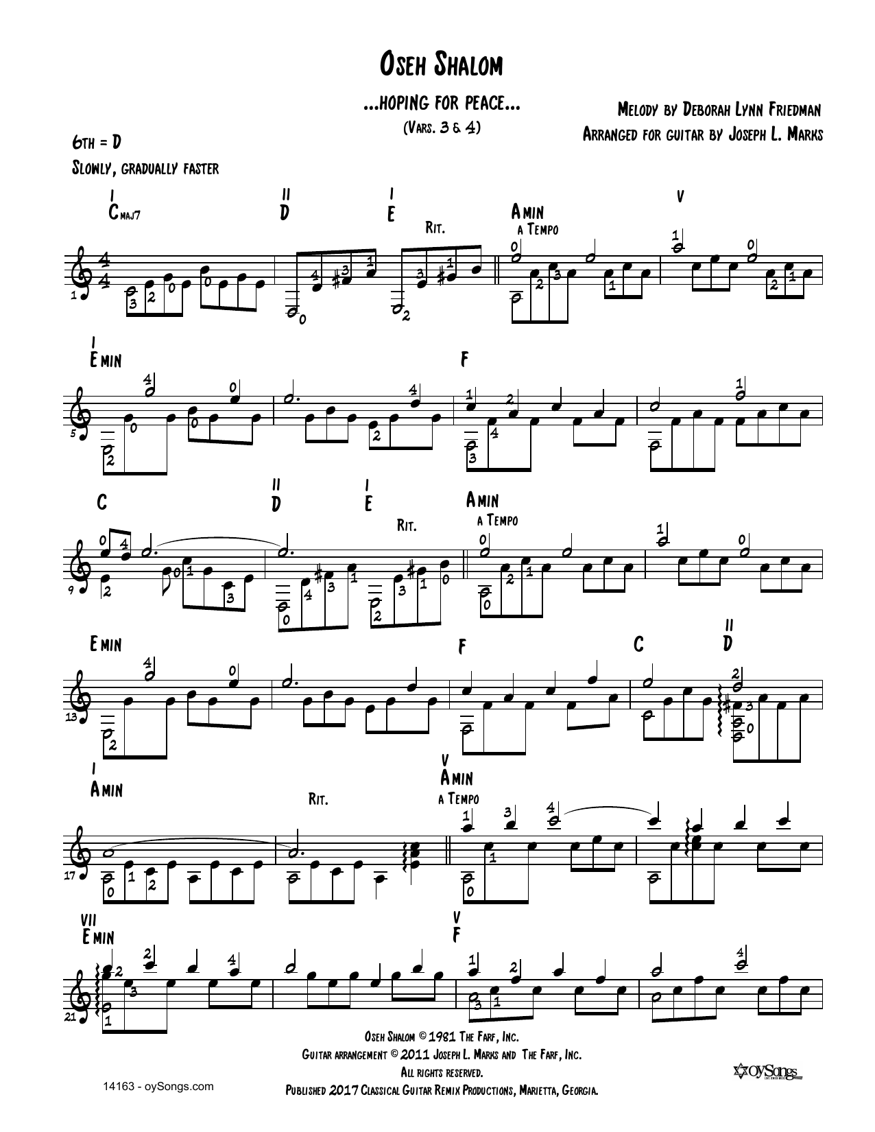 Download Debbie Friedman Oseh Shalom Vars 3, 4 (arr. Joe Marks) Sheet Music and learn how to play Solo Guitar PDF digital score in minutes