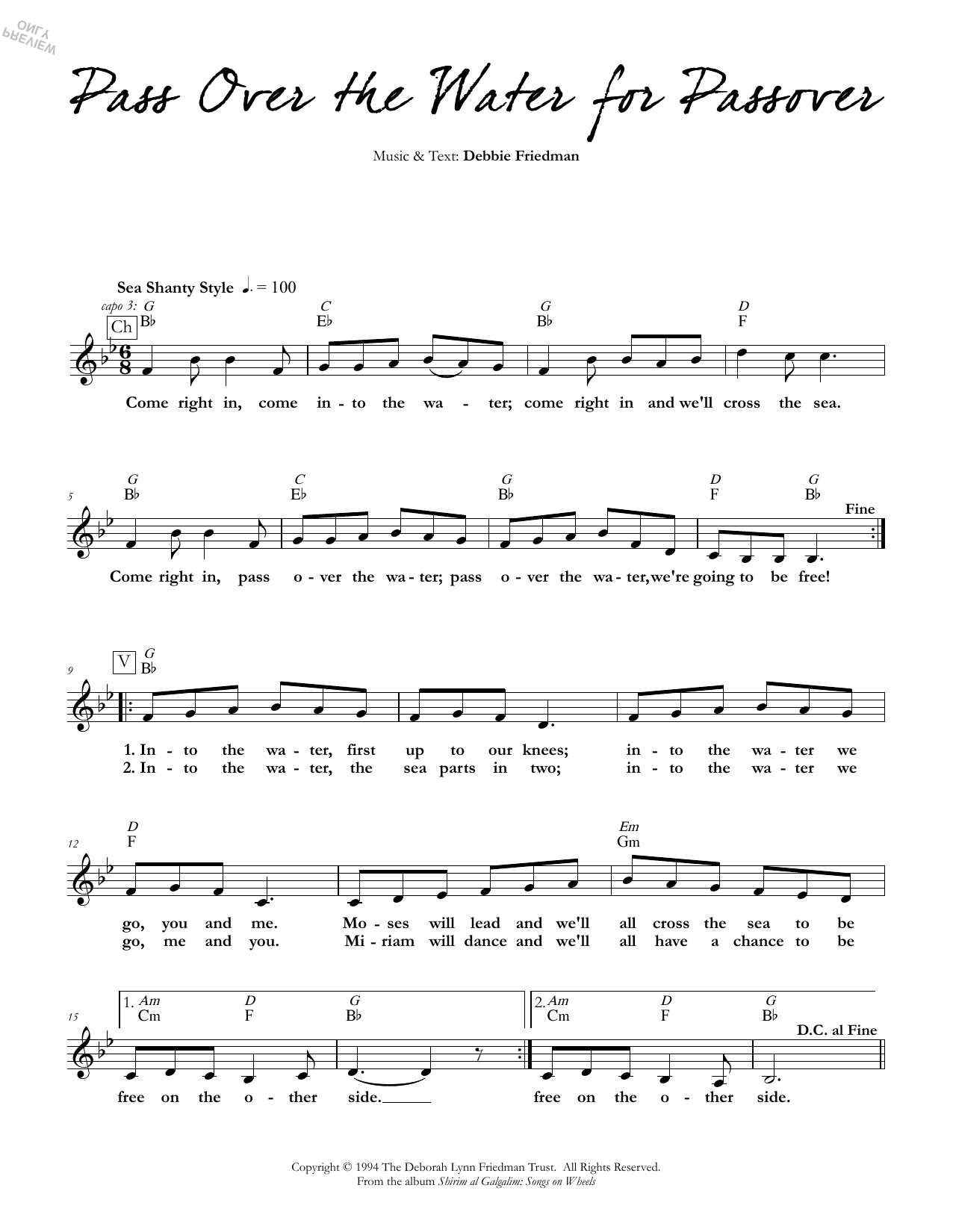 Download Debbie Friedman Pass Over the Water for Passover Sheet Music and learn how to play Lead Sheet / Fake Book PDF digital score in minutes