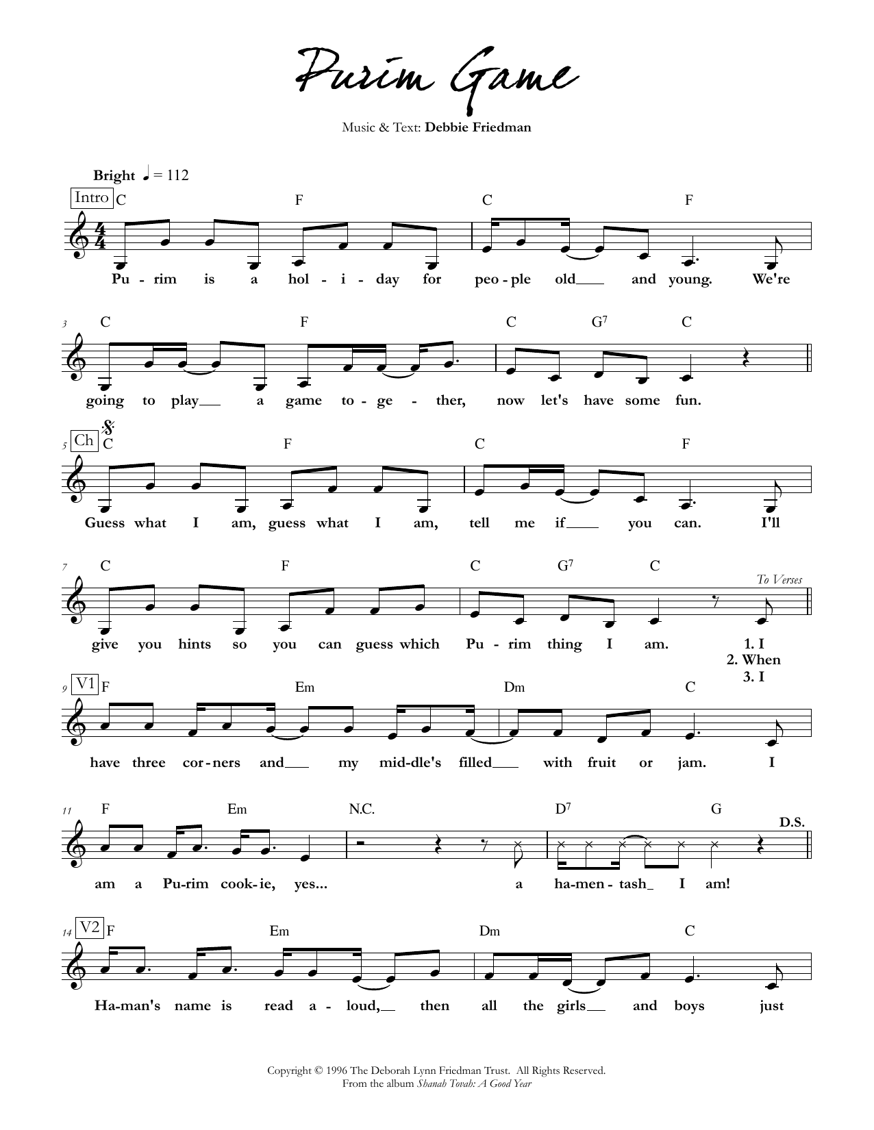 Download Debbie Friedman Purim Game Sheet Music and learn how to play Lead Sheet / Fake Book PDF digital score in minutes