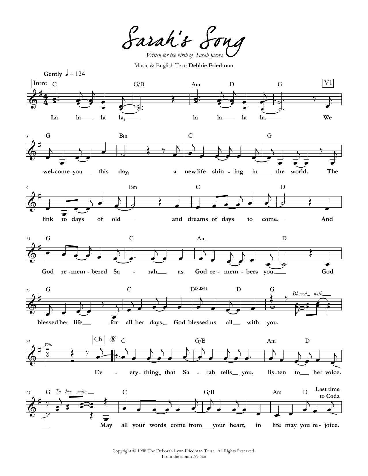 Download Debbie Friedman Sarah's Song Sheet Music and learn how to play Lead Sheet / Fake Book PDF digital score in minutes