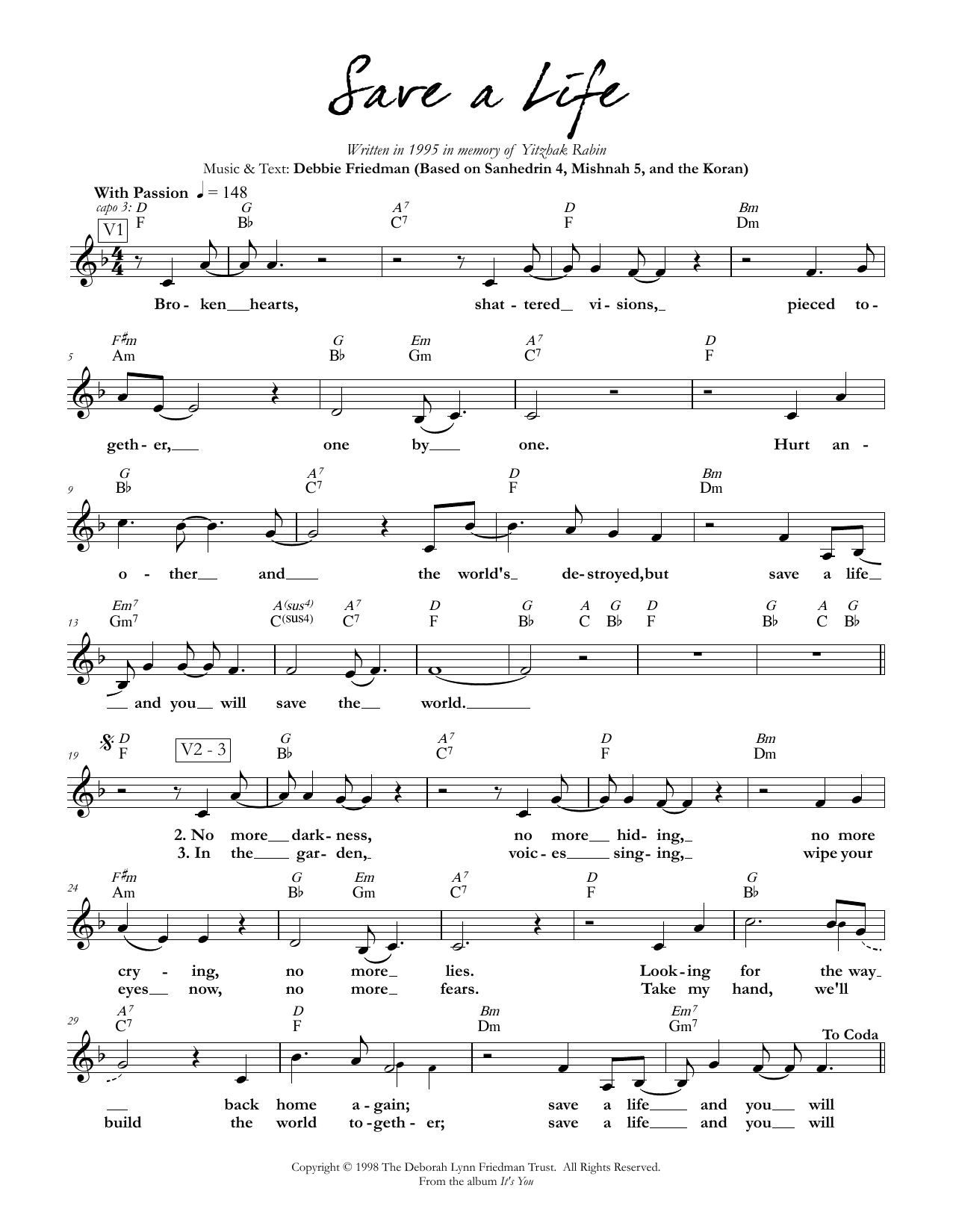 Download Debbie Friedman Save a Life Sheet Music and learn how to play Lead Sheet / Fake Book PDF digital score in minutes