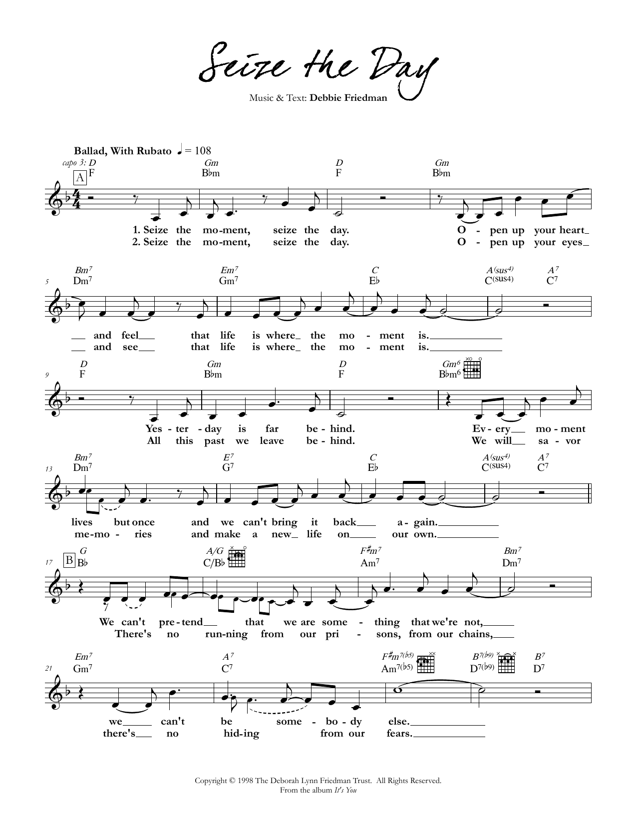 Download Debbie Friedman Seize the Day Sheet Music and learn how to play Lead Sheet / Fake Book PDF digital score in minutes