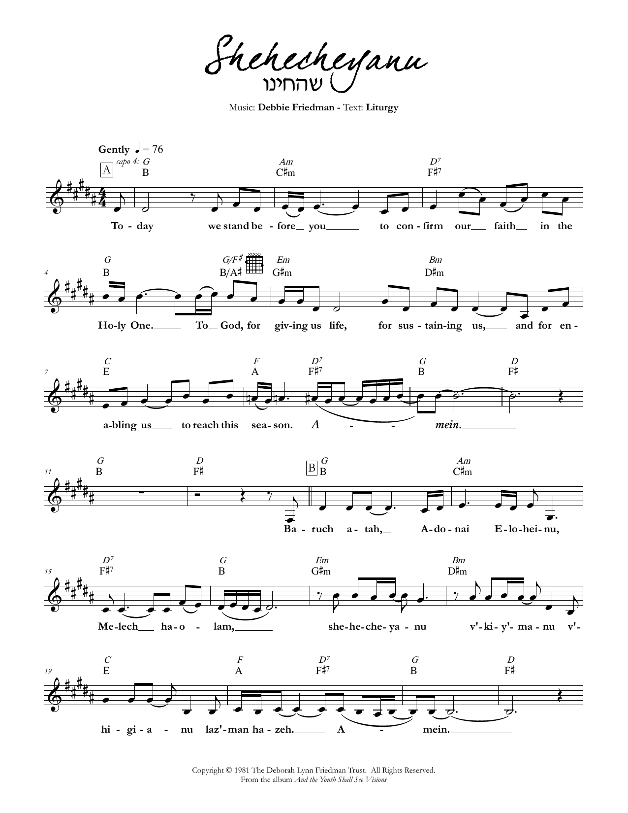 Download Debbie Friedman Shehecheyanu Sheet Music and learn how to play Lead Sheet / Fake Book PDF digital score in minutes