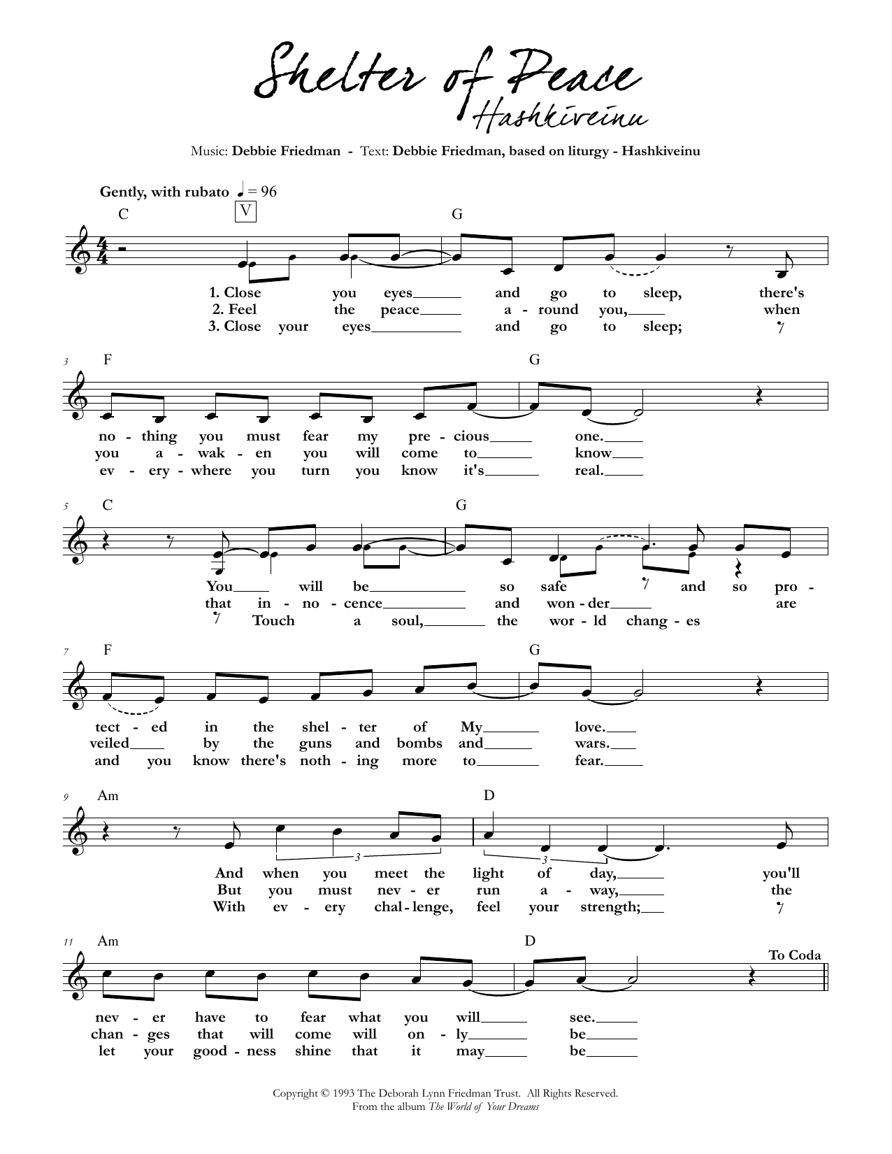 Download Debbie Friedman Shelter of Peace Sheet Music and learn how to play Lead Sheet / Fake Book PDF digital score in minutes