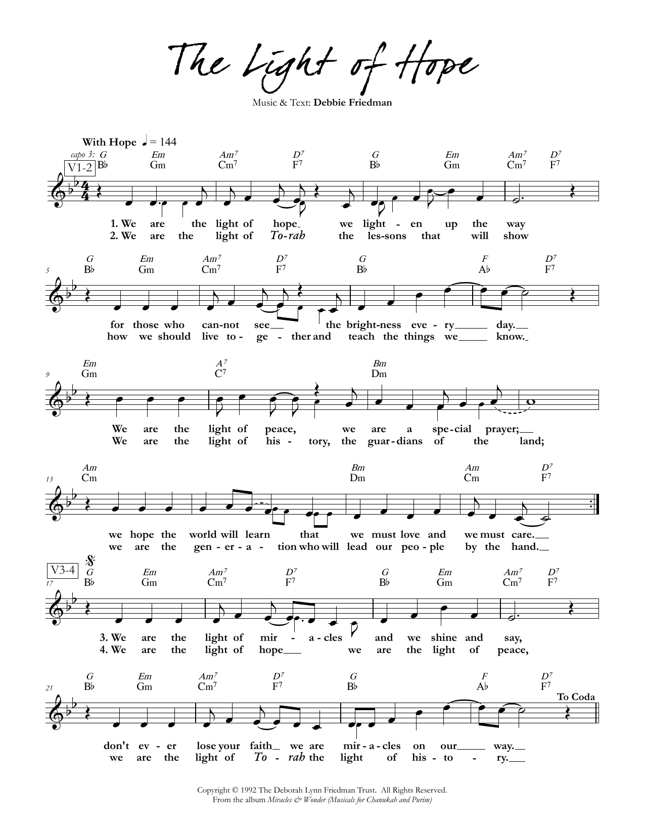 Download Debbie Friedman The Light of Hope Sheet Music and learn how to play Lead Sheet / Fake Book PDF digital score in minutes