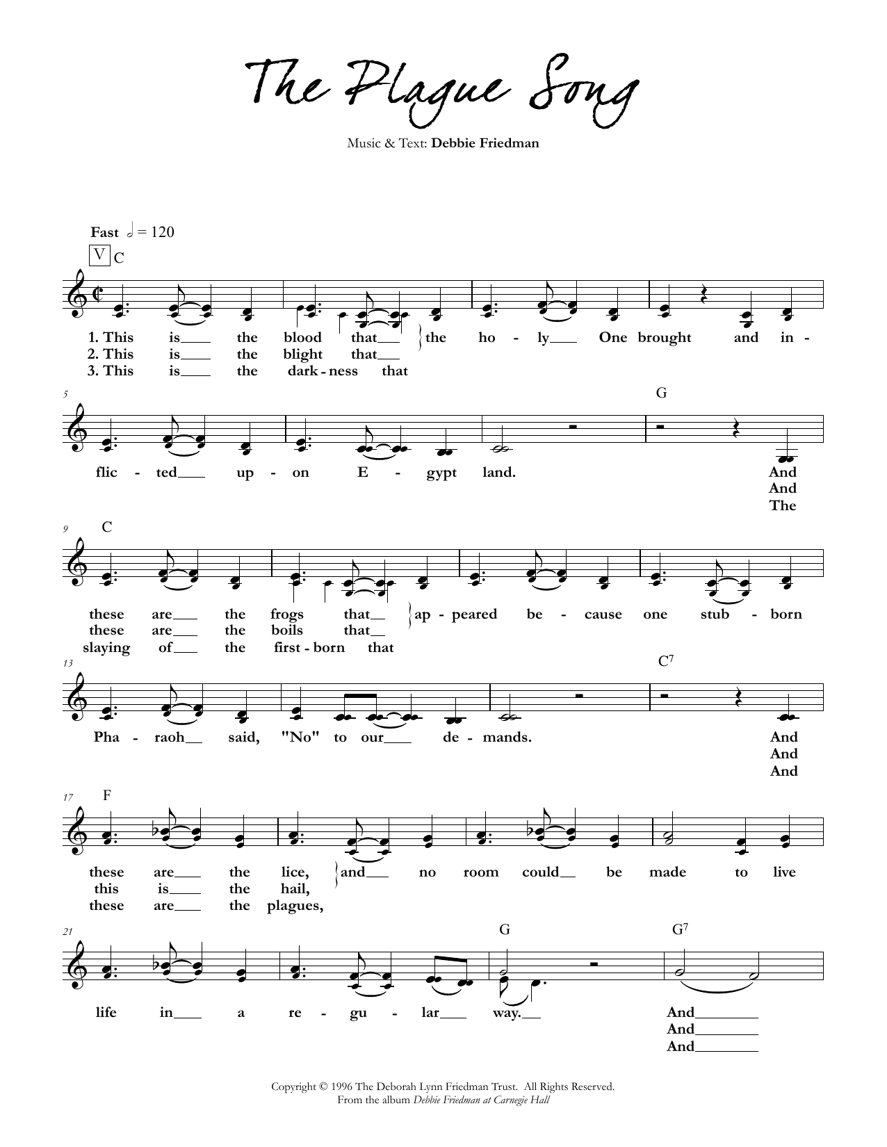 Download Debbie Friedman The Plague Song Sheet Music and learn how to play Lead Sheet / Fake Book PDF digital score in minutes