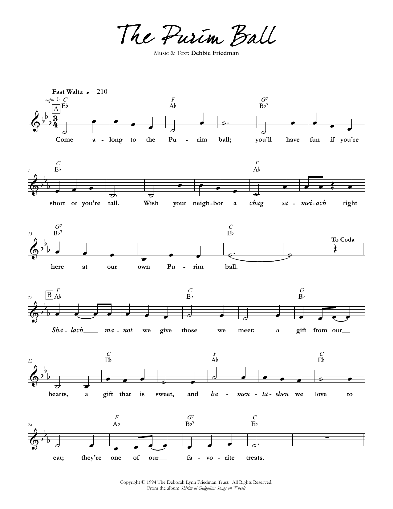 Download Debbie Friedman The Purim Ball Sheet Music and learn how to play Lead Sheet / Fake Book PDF digital score in minutes