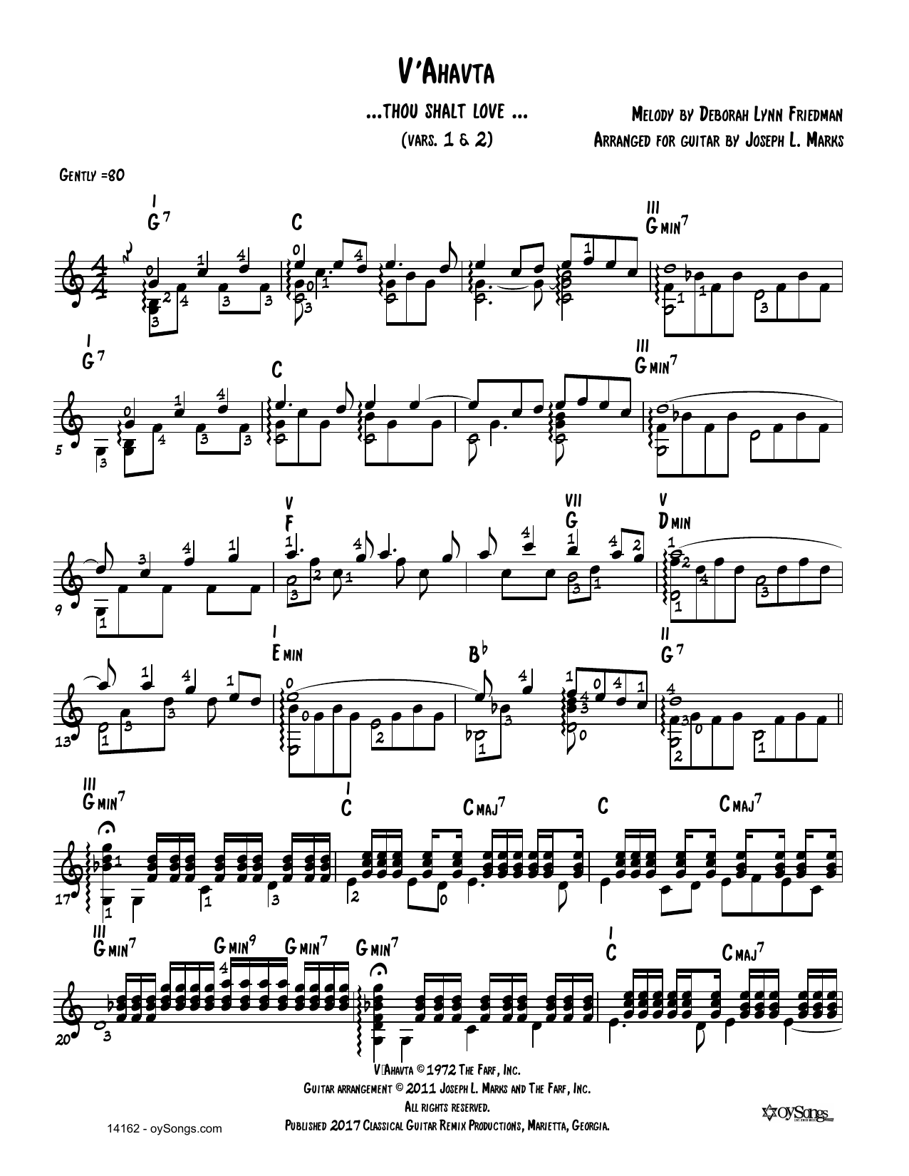 Download Debbie Friedman V'ahavta Vars 1, 2 (arr. Joe Marks) Sheet Music and learn how to play Solo Guitar PDF digital score in minutes