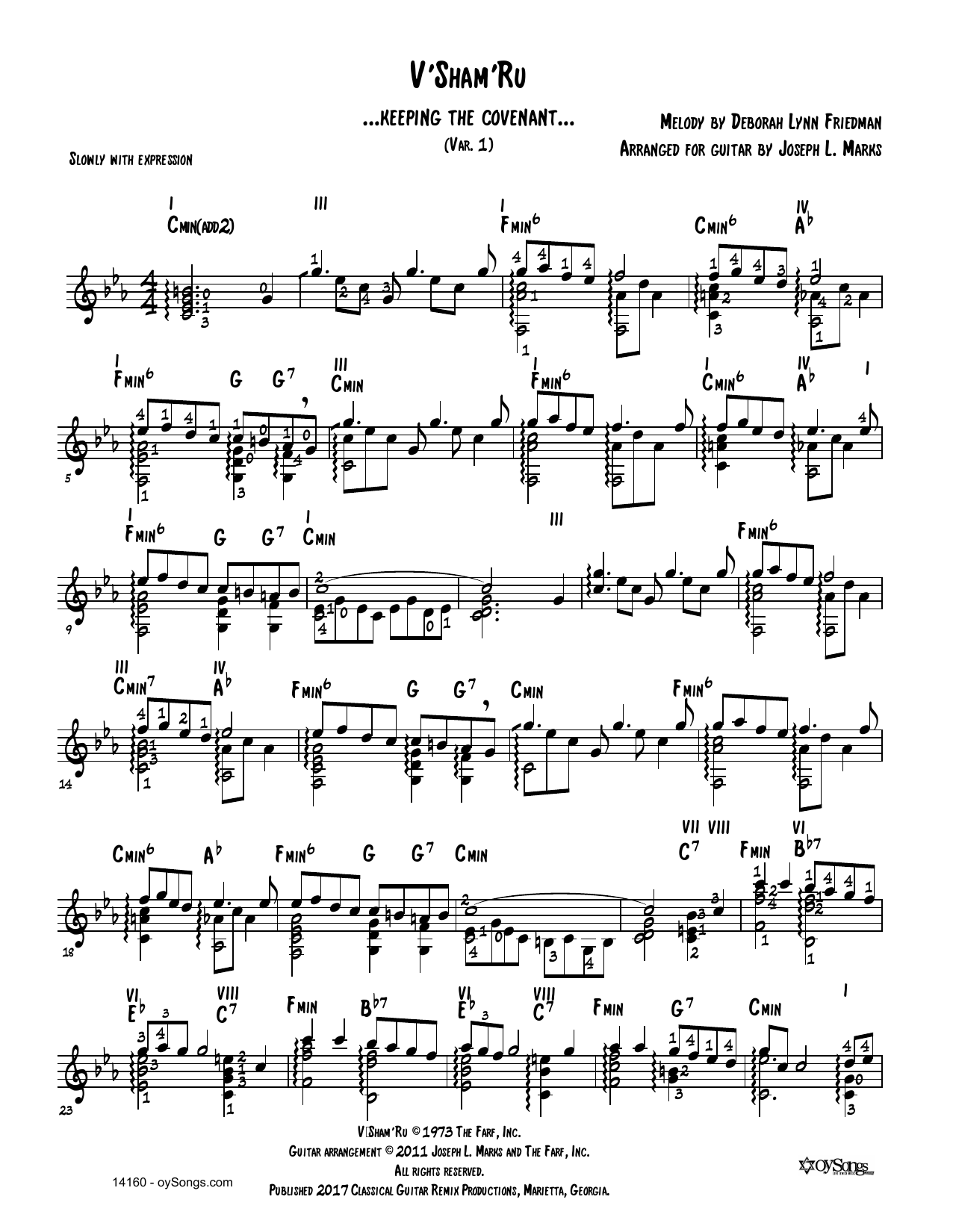 Download Debbie Friedman V'shamru Var 1 (arr. Joe Marks) Sheet Music and learn how to play Solo Guitar PDF digital score in minutes