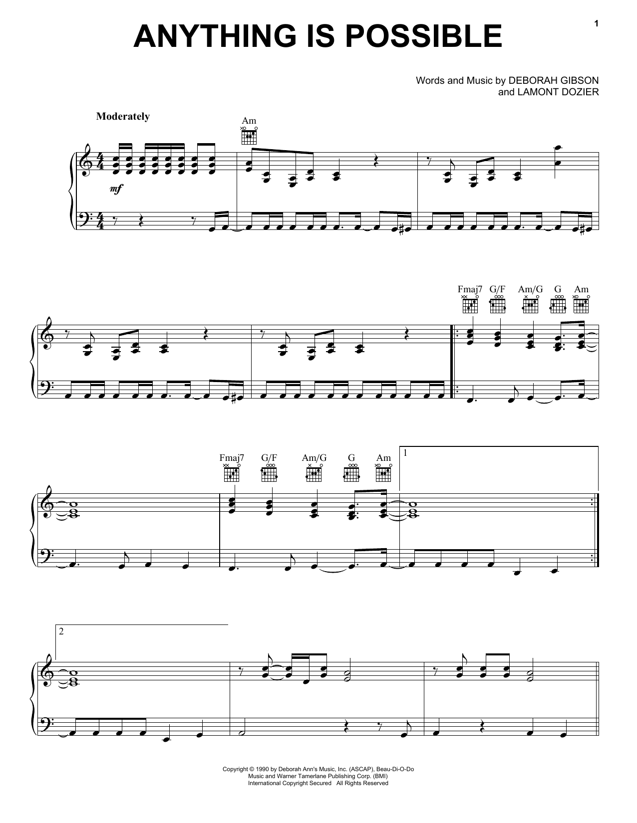 Download Debbie Gibson Anything Is Possible Sheet Music and learn how to play Piano, Vocal & Guitar Chords (Right-Hand Melody) PDF digital score in minutes