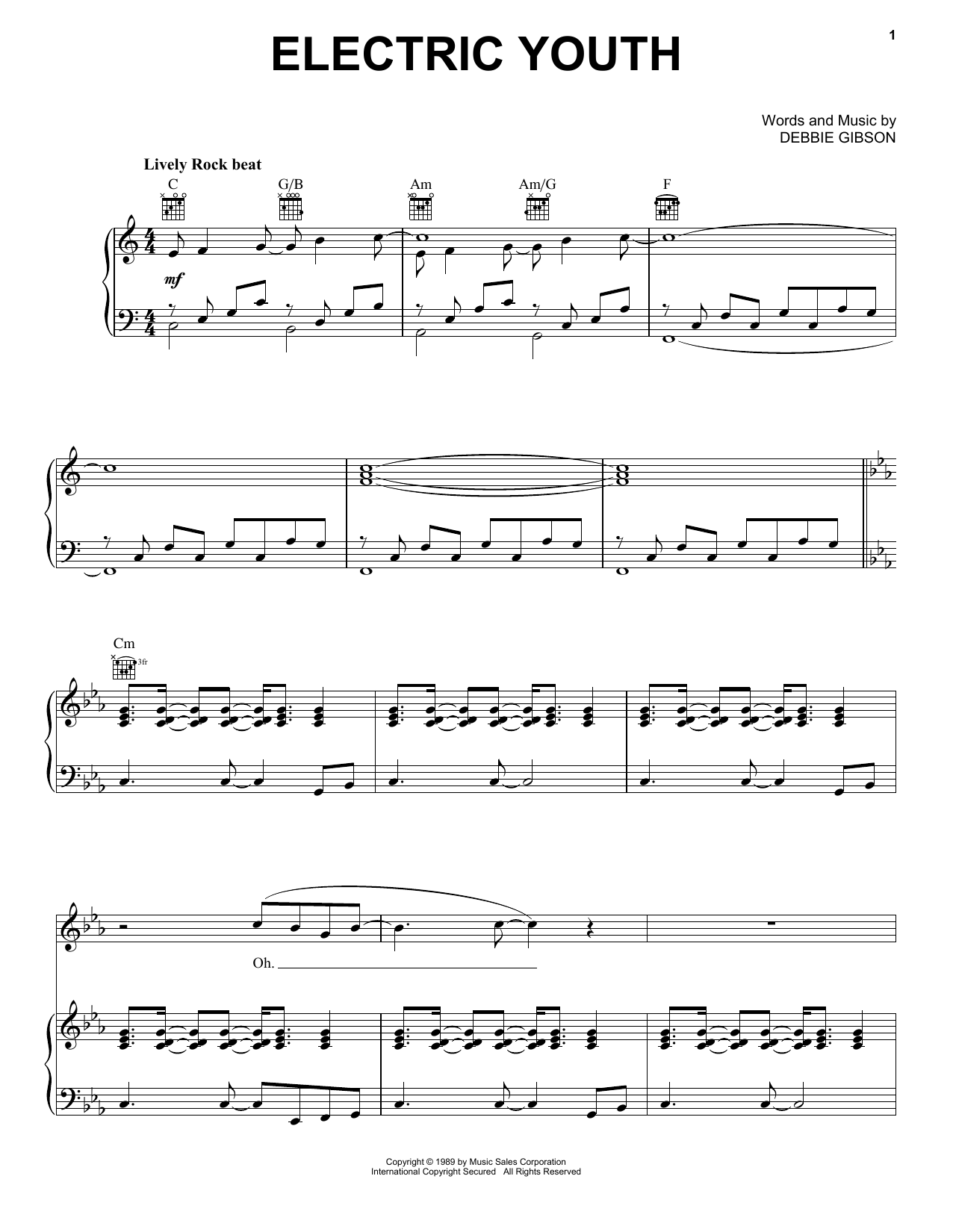 Download Debbie Gibson Electric Youth Sheet Music and learn how to play Piano, Vocal & Guitar Chords (Right-Hand Melody) PDF digital score in minutes