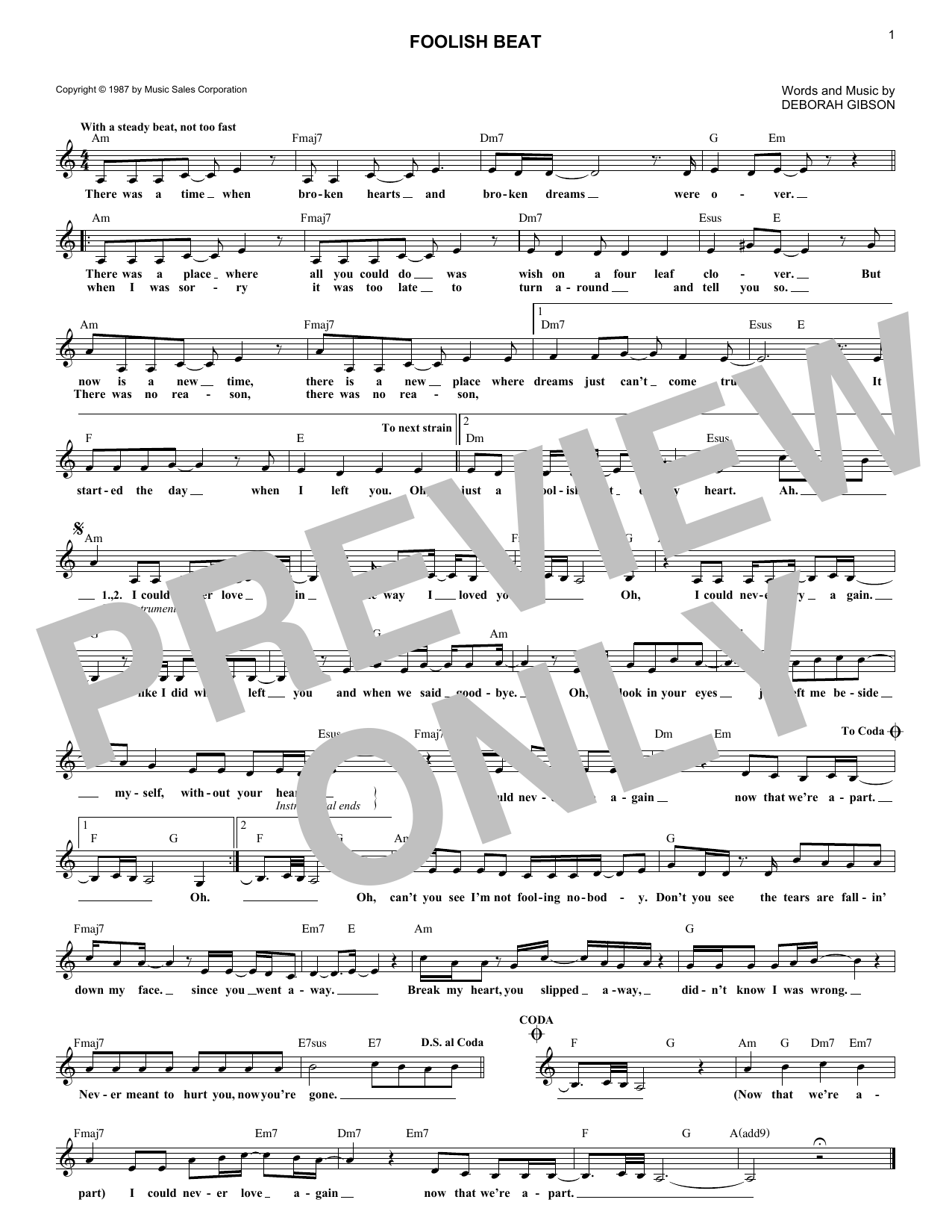 Download Debbie Gibson Foolish Beat Sheet Music and learn how to play Melody Line, Lyrics & Chords PDF digital score in minutes