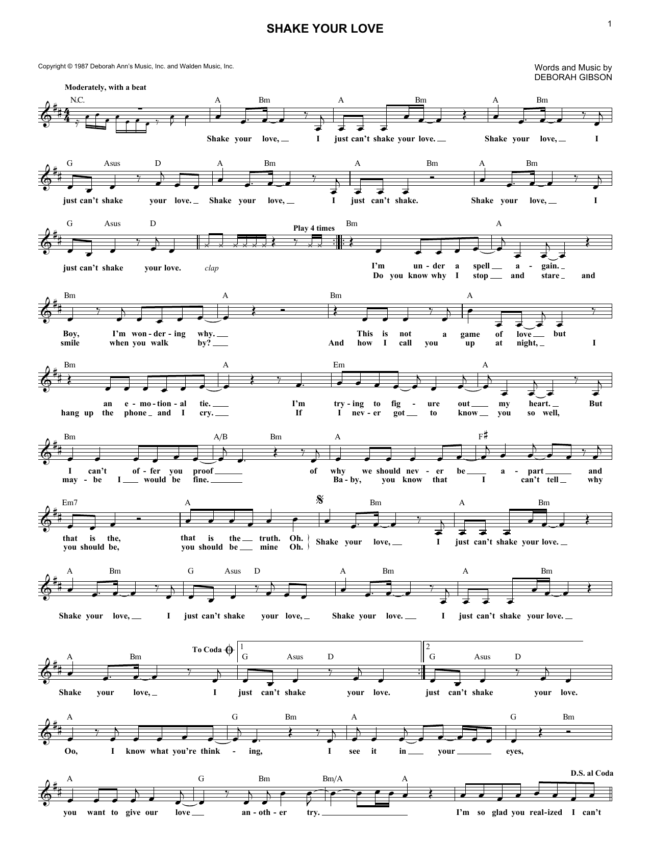 Download Debbie Gibson Shake Your Love Sheet Music and learn how to play Melody Line, Lyrics & Chords PDF digital score in minutes