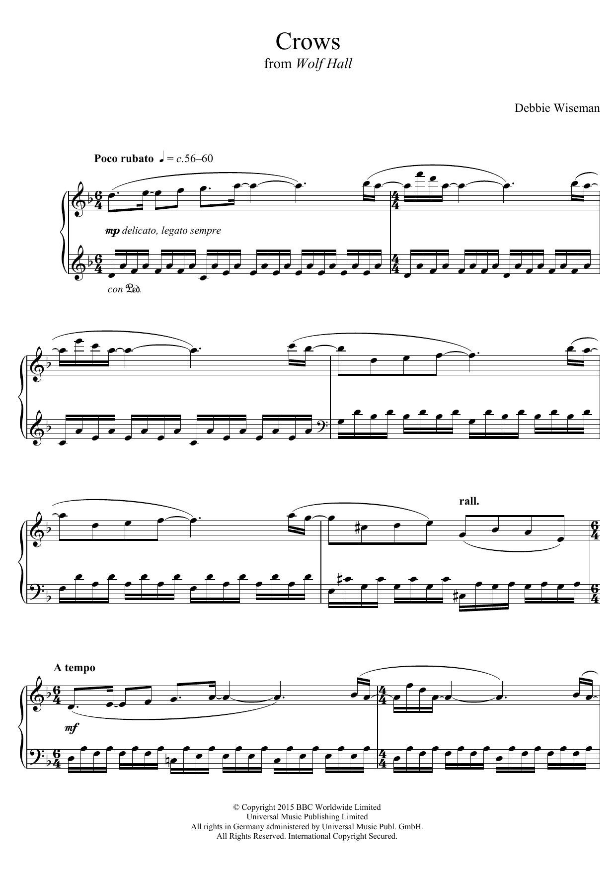 Download Debbie Wiseman Crows (From 'Wolf Hall') Sheet Music and learn how to play Piano PDF digital score in minutes
