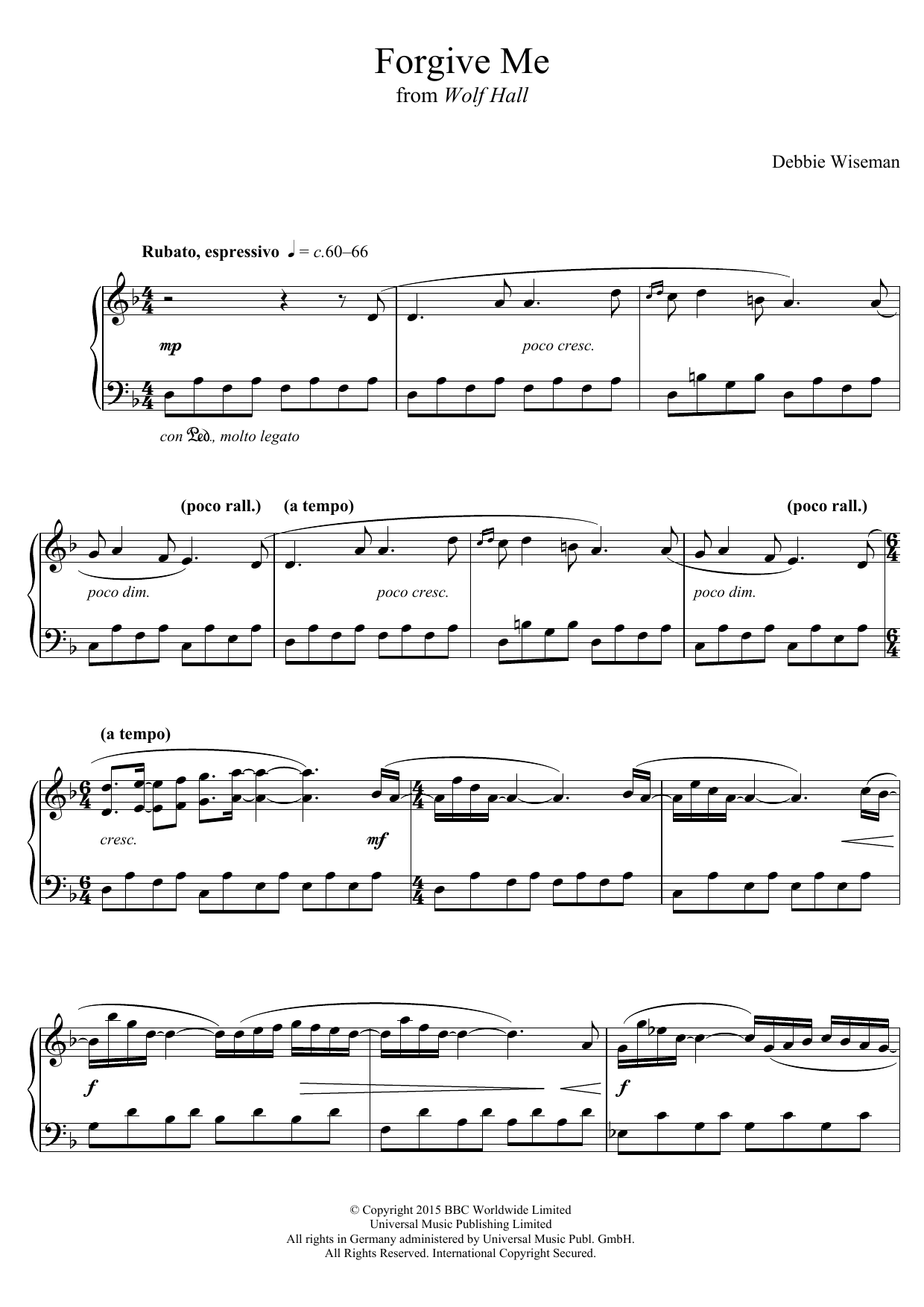 Download Debbie Wiseman Forgive Me (From 'Wolf Hall') Sheet Music and learn how to play Piano PDF digital score in minutes