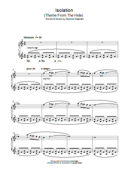 Download Debbie Wiseman Isolation (Theme From The Hide) Sheet Music and learn how to play Piano PDF digital score in minutes