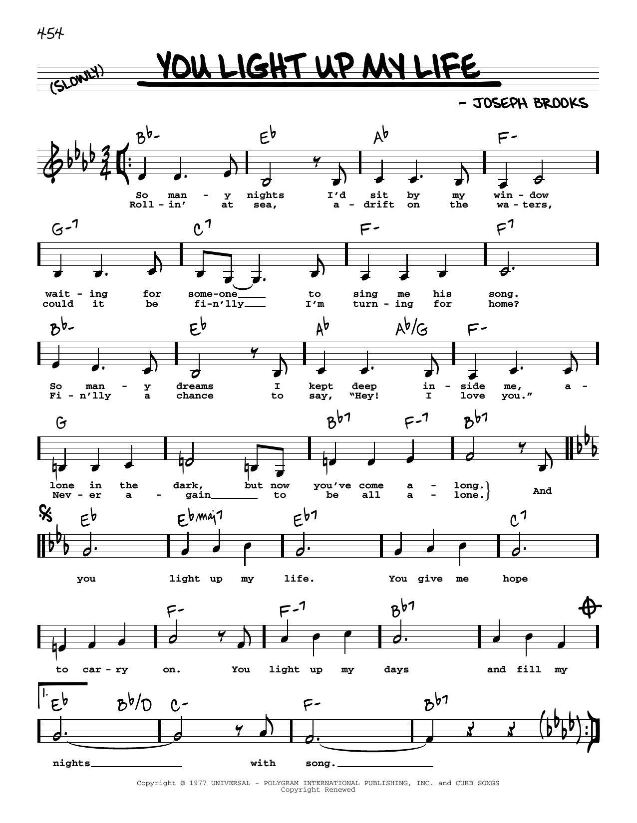 Download Debby Boone You Light Up My Life (Low Voice) Sheet Music and learn how to play Real Book – Melody, Lyrics & Chords PDF digital score in minutes