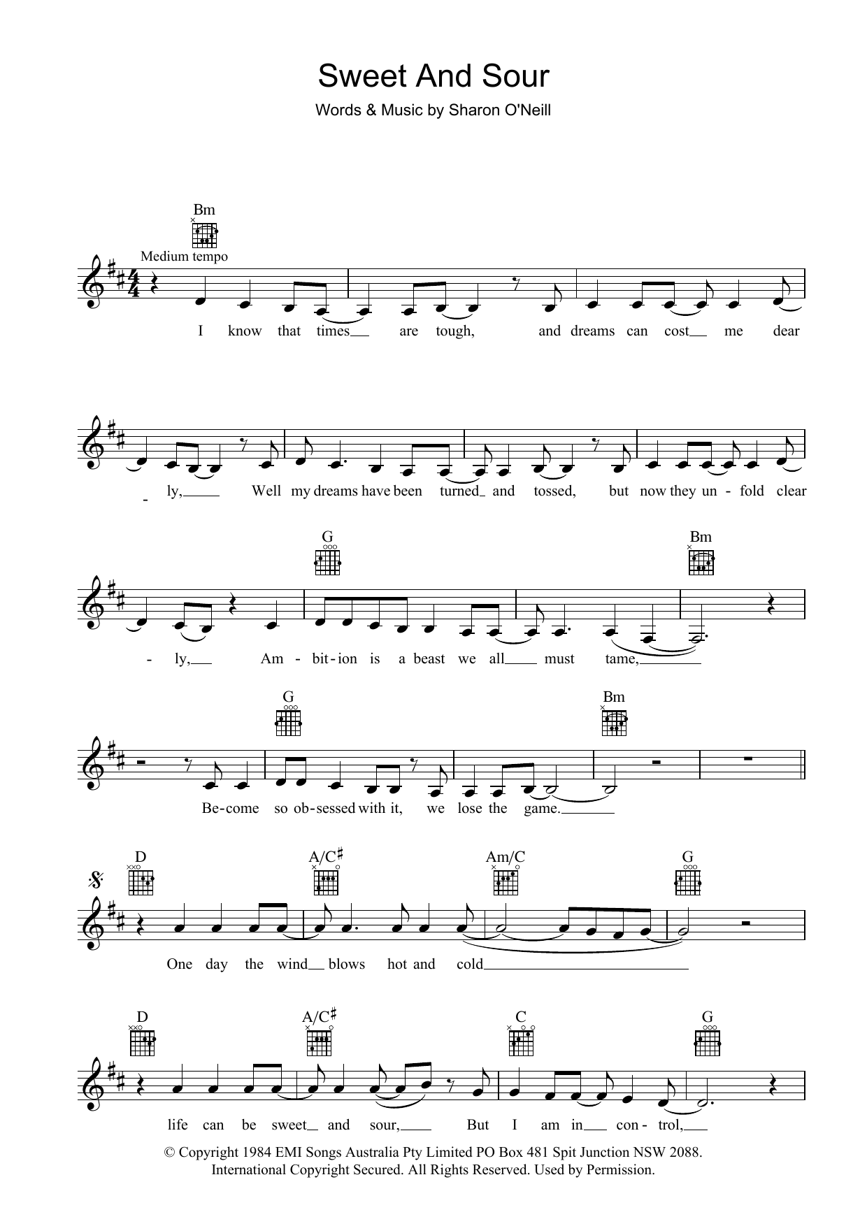 Download Deborah Conway Sweet And Sour Sheet Music and learn how to play Melody Line, Lyrics & Chords PDF digital score in minutes