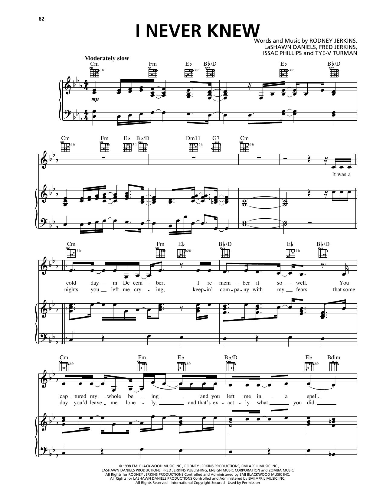 Download Deborah Cox I Never Knew Sheet Music and learn how to play Piano, Vocal & Guitar Chords (Right-Hand Melody) PDF digital score in minutes
