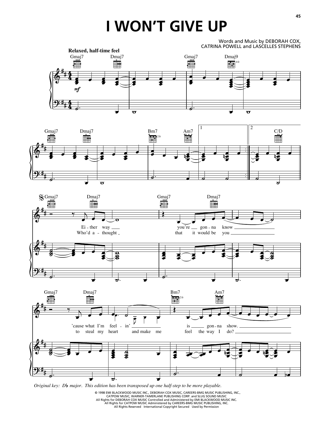 Download Deborah Cox I Won't Give Up Sheet Music and learn how to play Piano, Vocal & Guitar Chords (Right-Hand Melody) PDF digital score in minutes