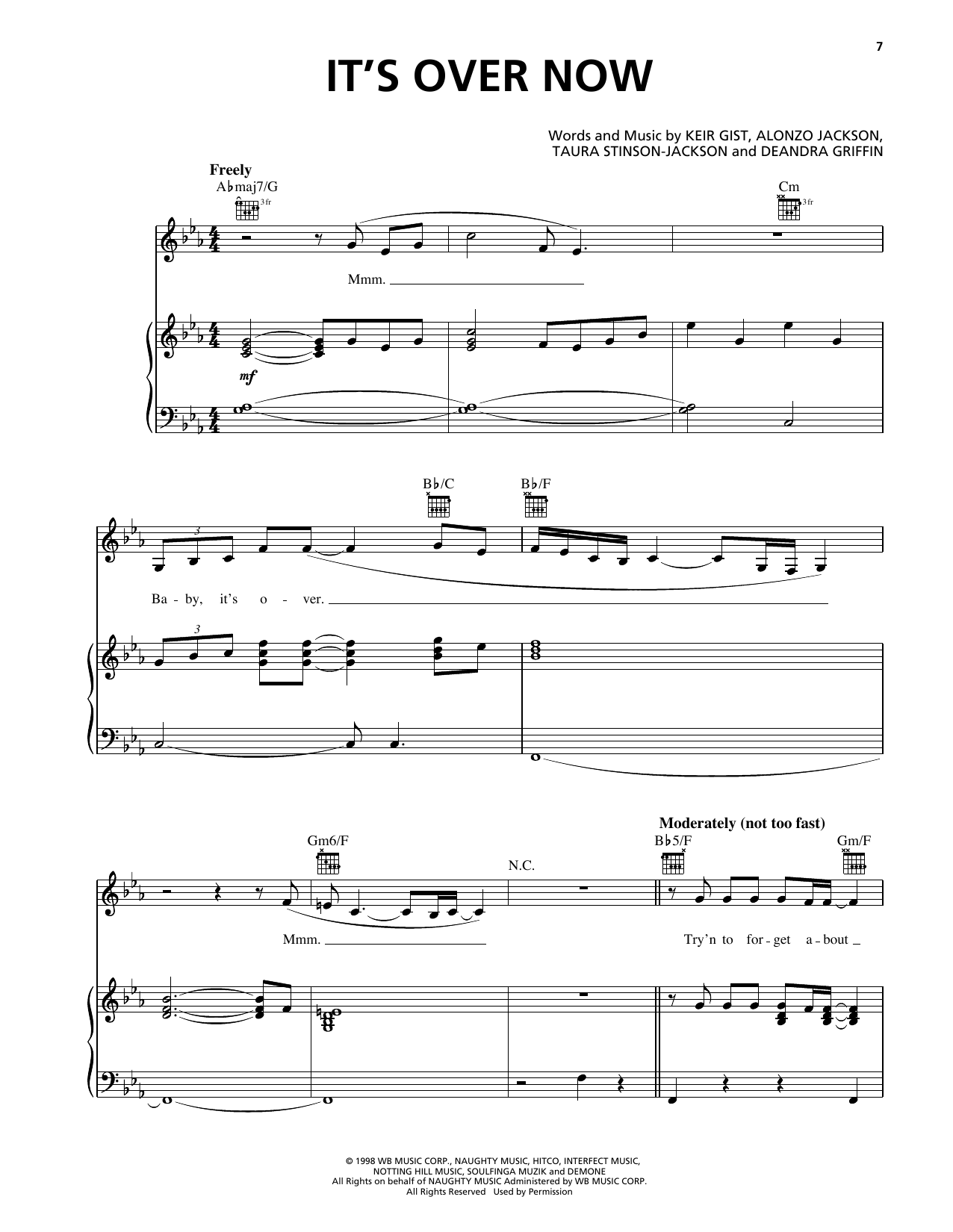 Download Deborah Cox It's Over Now Sheet Music and learn how to play Piano, Vocal & Guitar Chords (Right-Hand Melody) PDF digital score in minutes