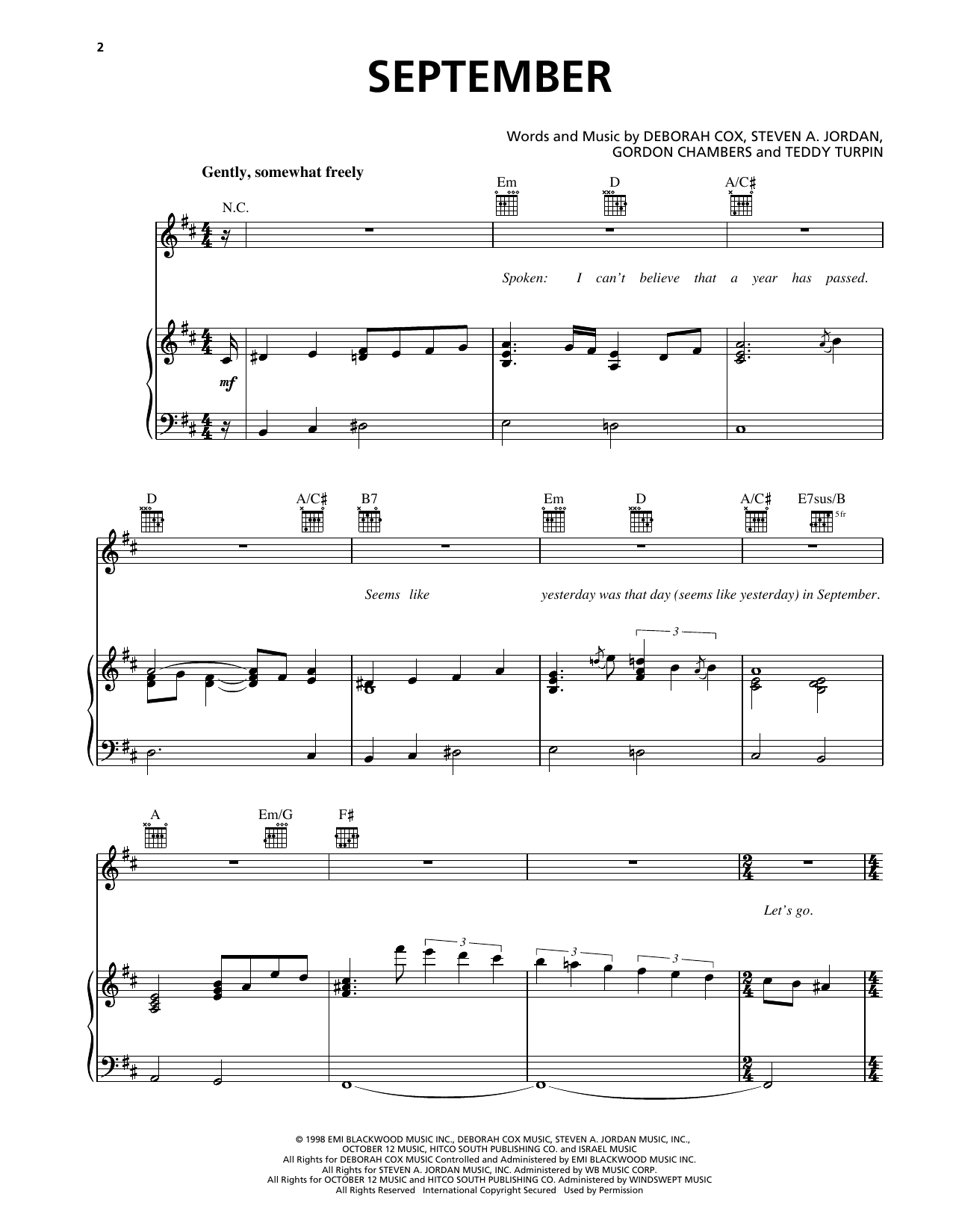 Download Deborah Cox September Sheet Music and learn how to play Piano, Vocal & Guitar Chords (Right-Hand Melody) PDF digital score in minutes