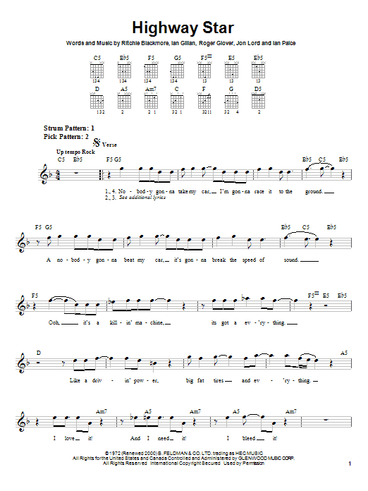 Download Deep Purple Highway Star Sheet Music and learn how to play Piano, Vocal & Guitar (Right-Hand Melody) PDF digital score in minutes