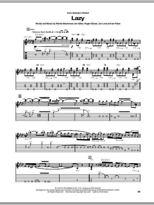 Download Deep Purple Lazy Sheet Music and learn how to play Keyboard Transcription PDF digital score in minutes